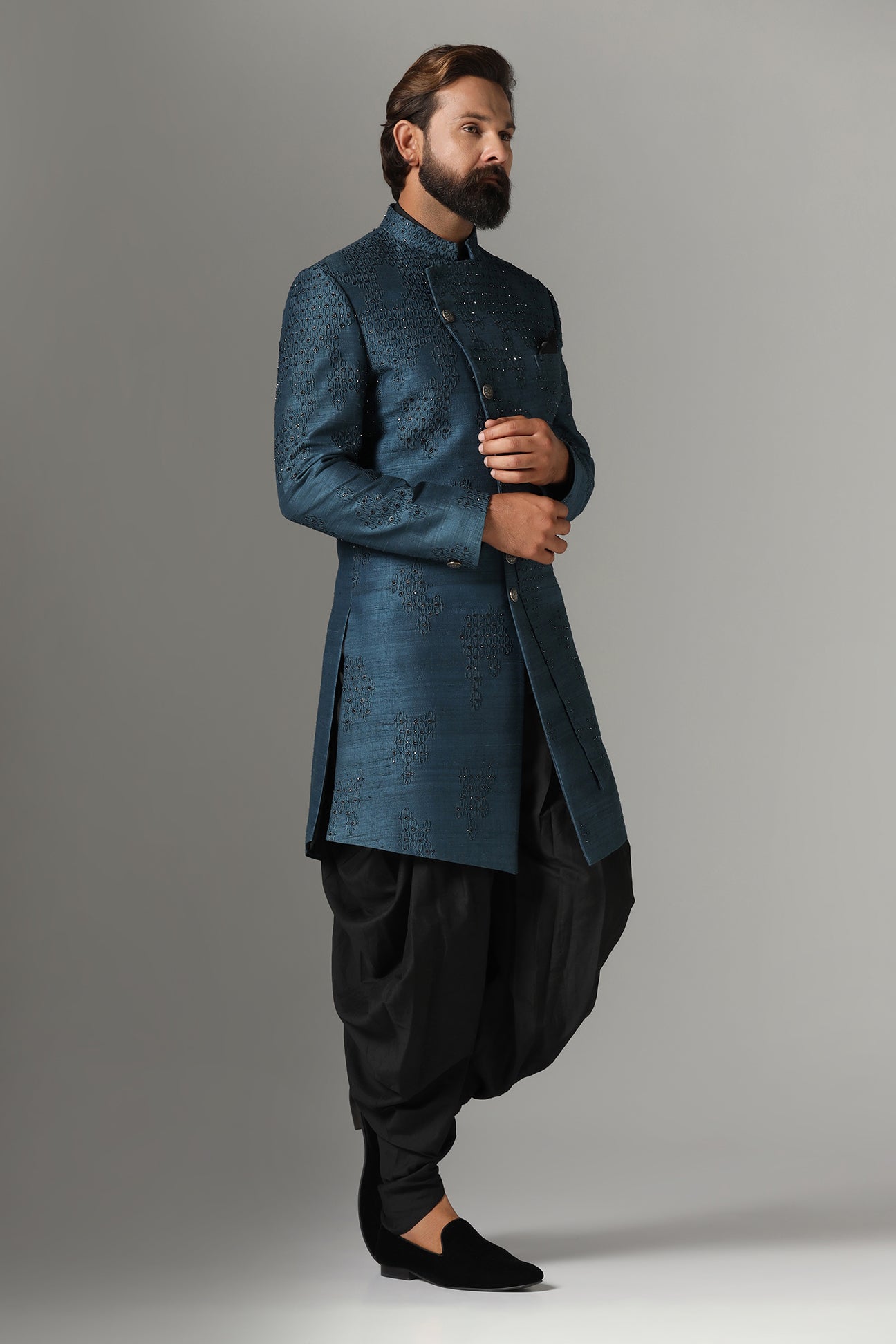 This Blue Indowestern is highlighted with tonal embroidery all across the garment. Shop Now!