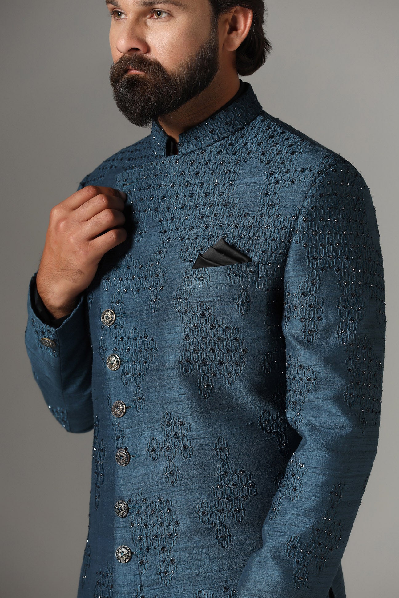 This Blue Indowestern is highlighted with tonal embroidery all across the garment. Shop Now!