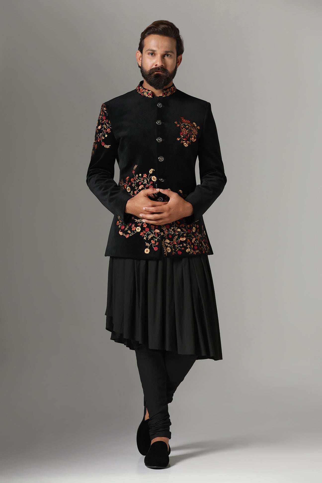 Make a bold statement in the Black Velvet Embroidered Bandhgala Suit. Shop now!