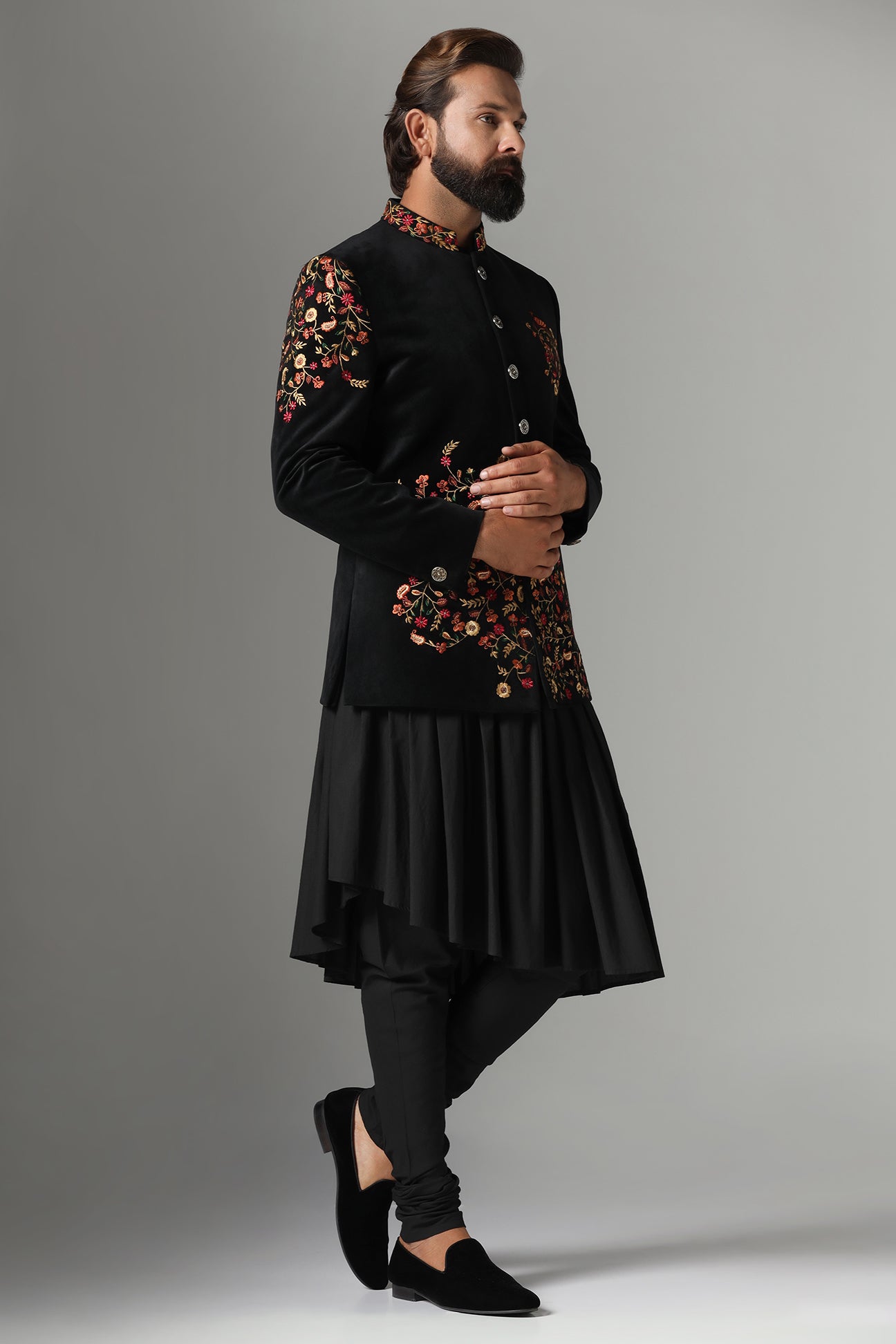 Make a bold statement in the Black Velvet Embroidered Bandhgala Suit. Shop now!