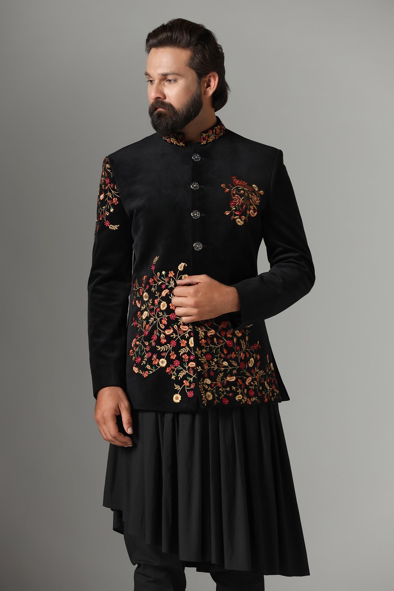 Make a bold statement in the Black Velvet Embroidered Bandhgala Suit. Shop now!