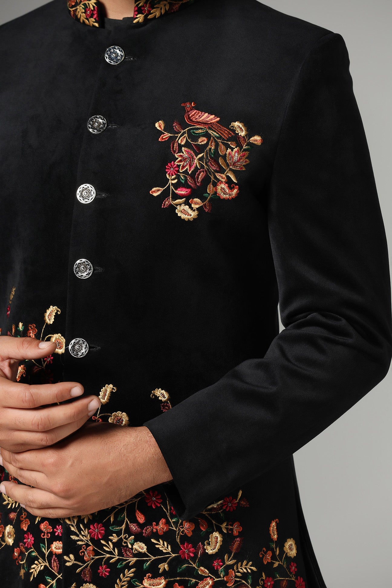 Make a bold statement in the Black Velvet Embroidered Bandhgala Suit. Shop now!