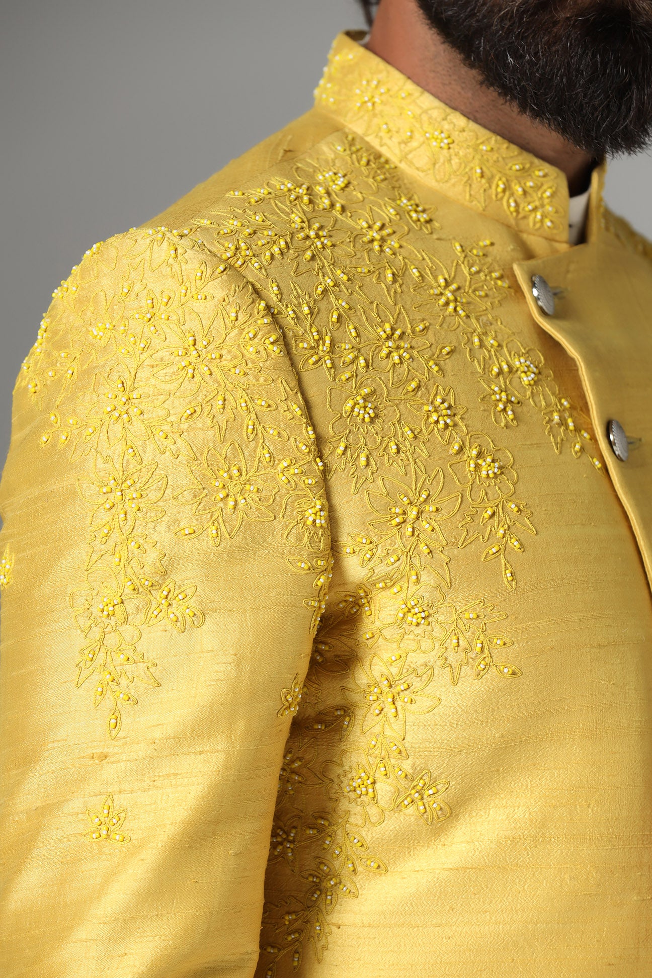 This Yellow Indo-western features subtle embroidery on the garment. Shop Now!