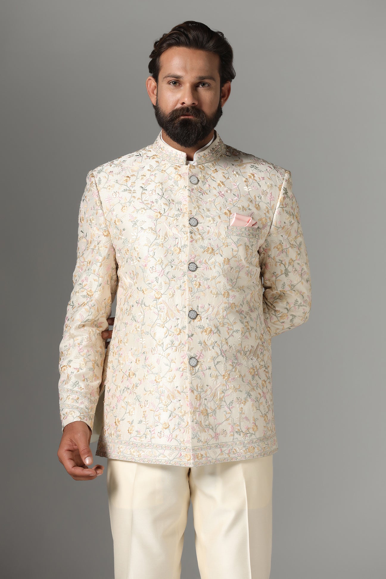 Unveil timeless elegance with the Off-White Embroidered Bandhgala Suit from Brahaan Store. Shop now!