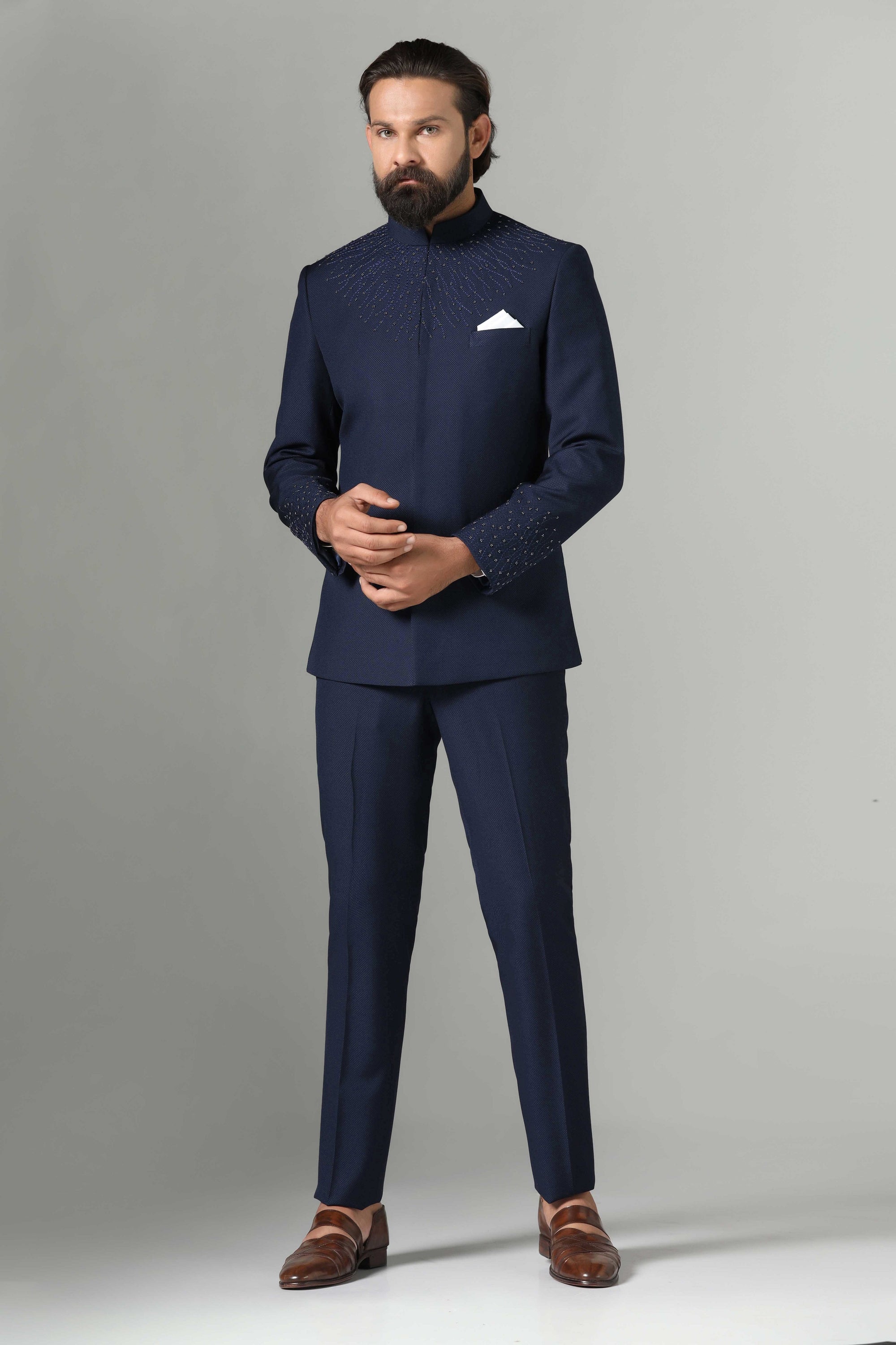 Shop the stylish blue Bandhgala suit in navy blue for a classic and sophisticated look. Shop now!