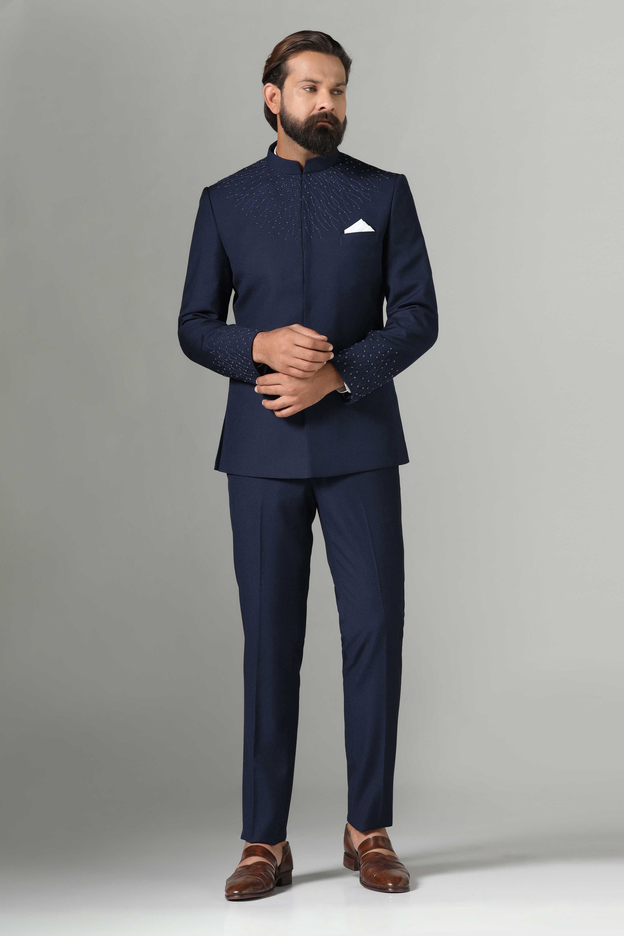 Shop the stylish blue Bandhgala suit in navy blue for a classic and sophisticated look. Shop now!