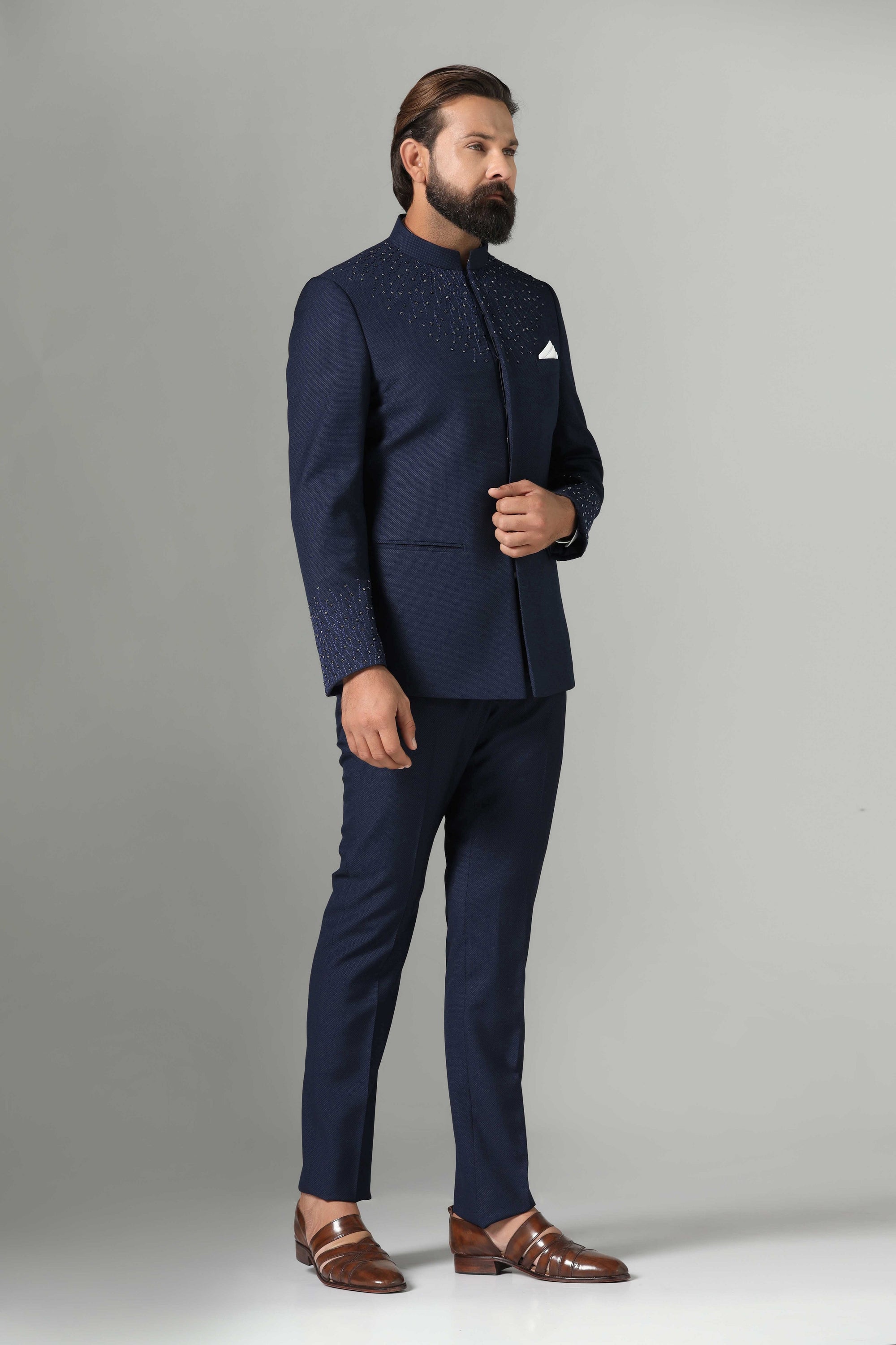 Shop the stylish blue Bandhgala suit in navy blue for a classic and sophisticated look. Shop now!