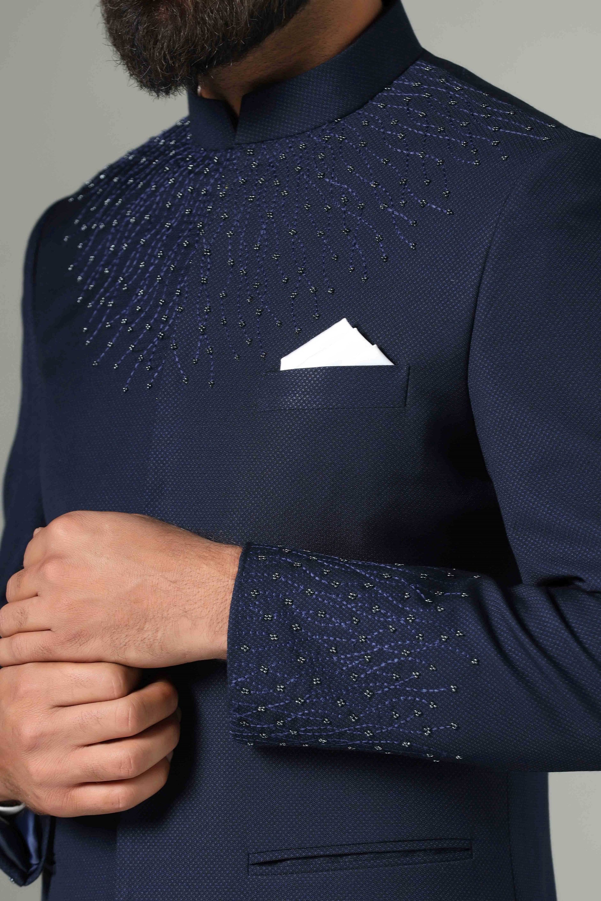 Shop the stylish blue Bandhgala suit in navy blue for a classic and sophisticated look. Shop now!