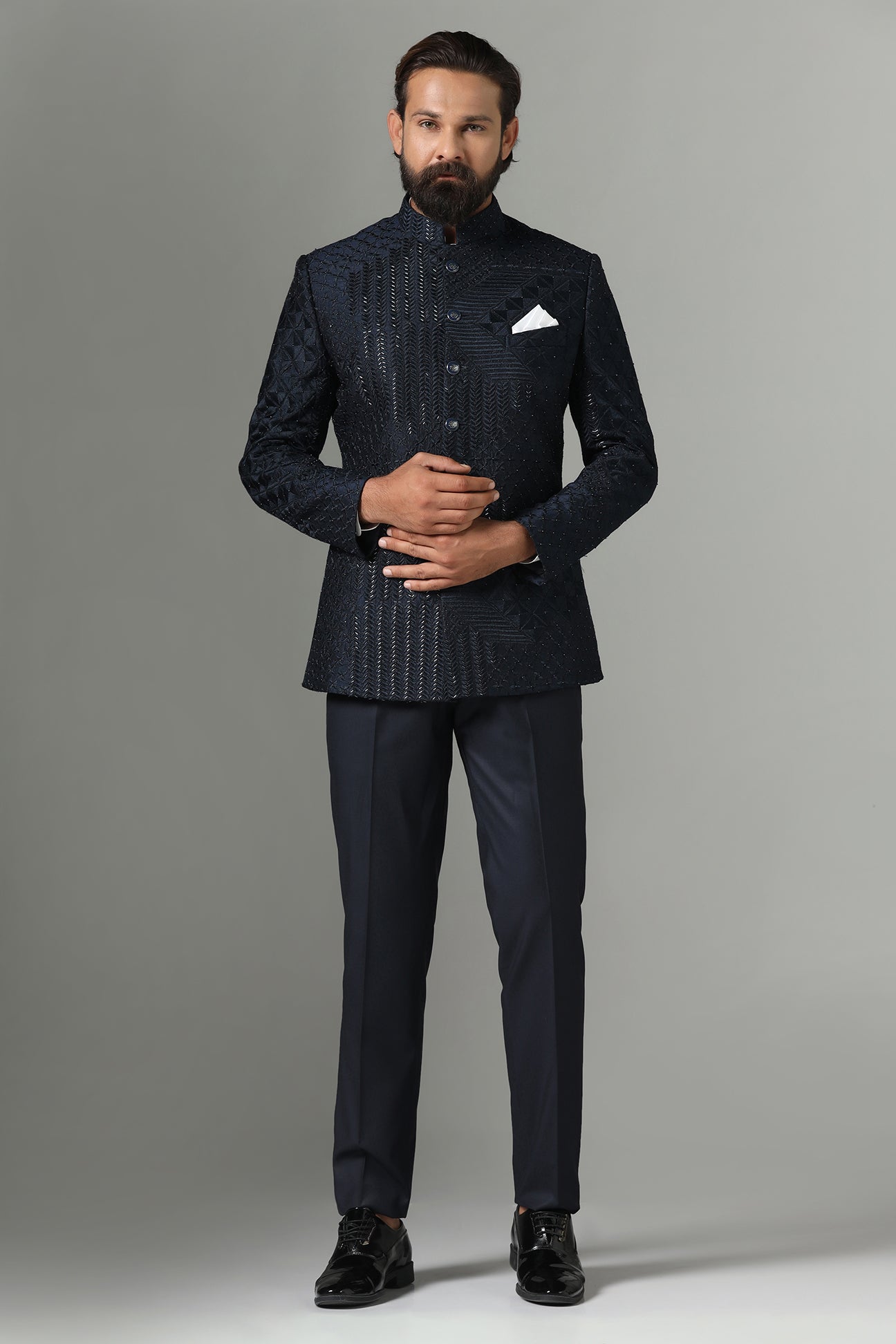 Shop the elegant navy blue Bandhgala suit for a sophisticated look. Shop now!