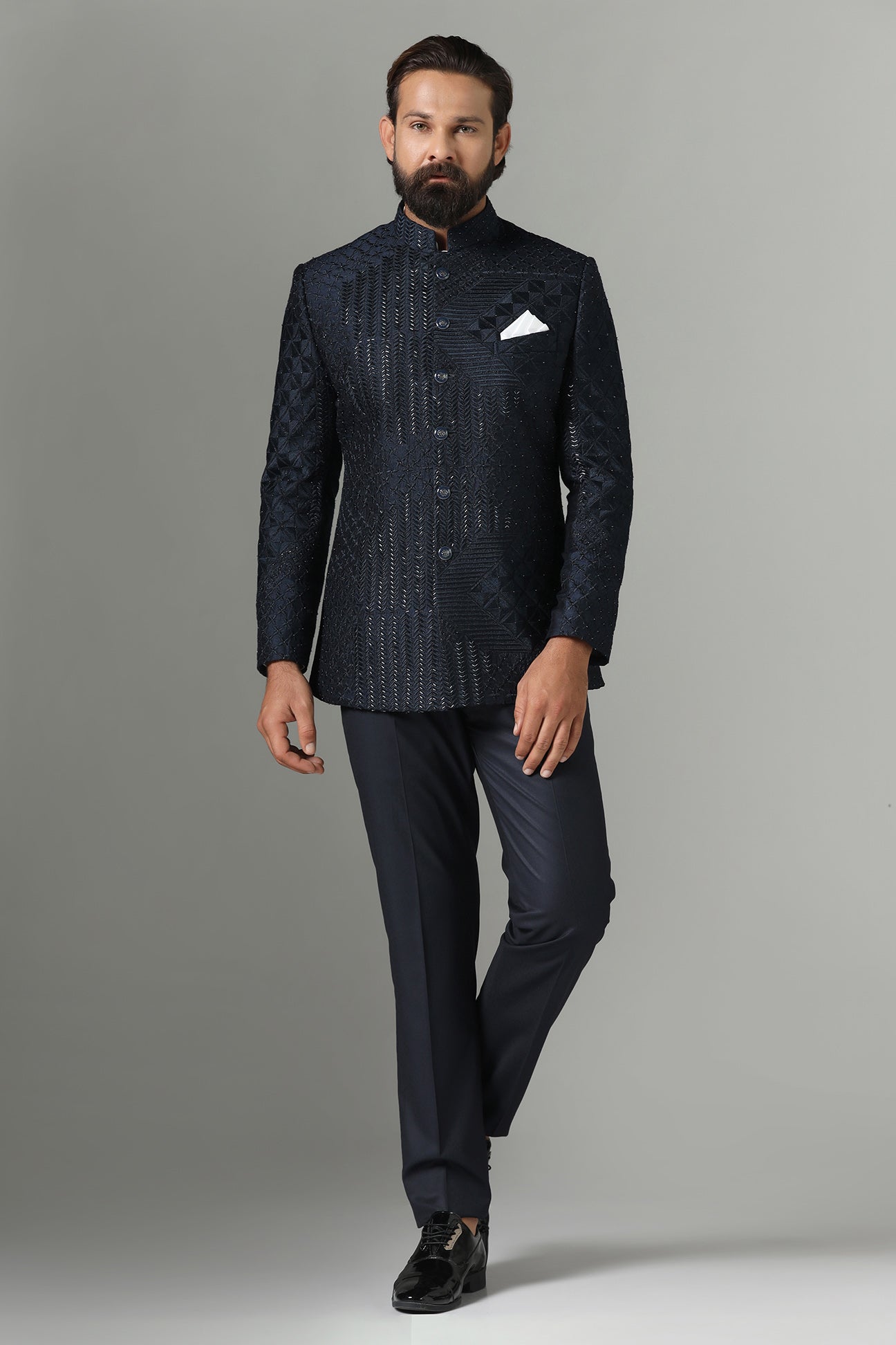 Shop the elegant navy blue Bandhgala suit for a sophisticated look. Shop now!