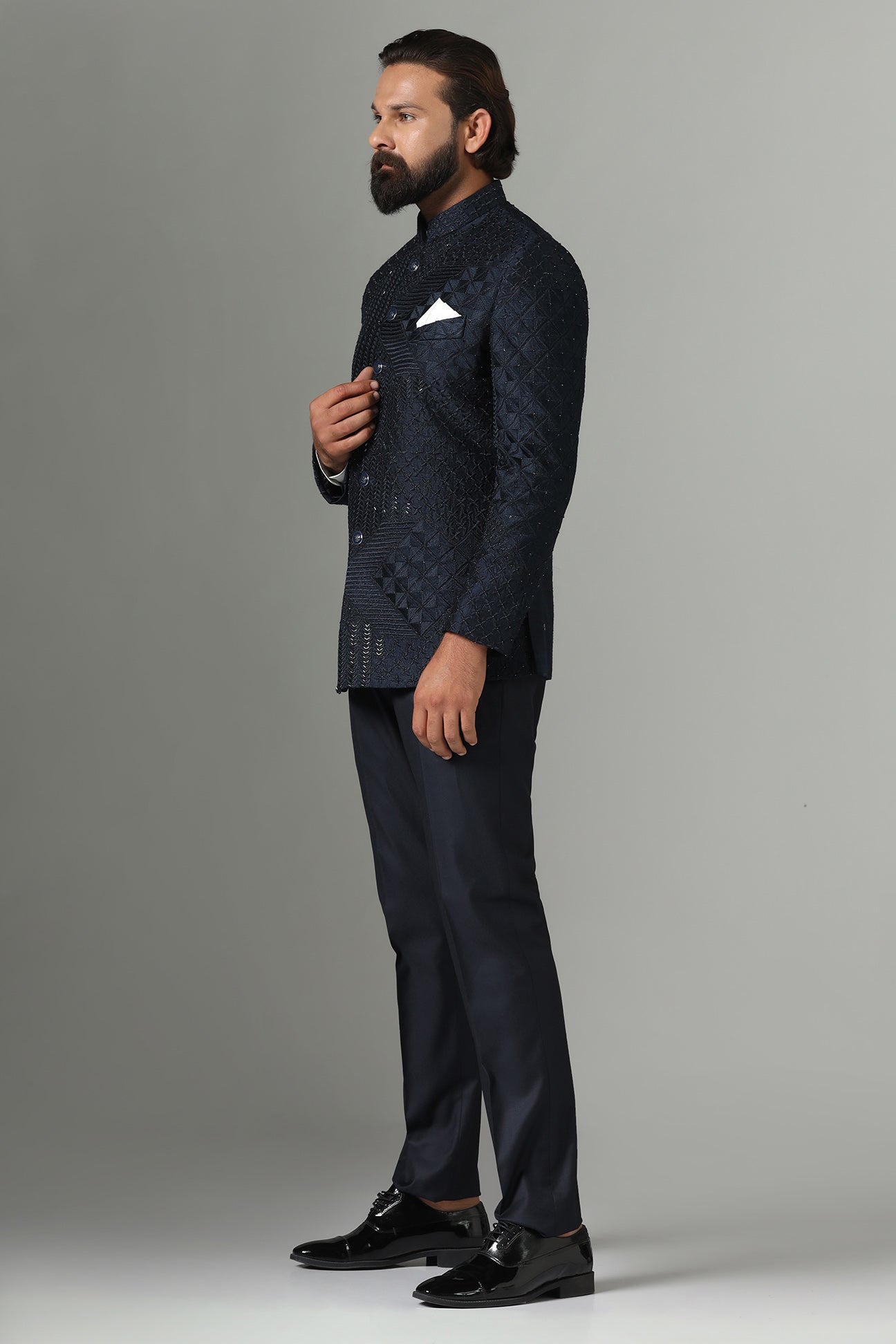 Shop the elegant navy blue Bandhgala suit for a sophisticated look. Shop now!