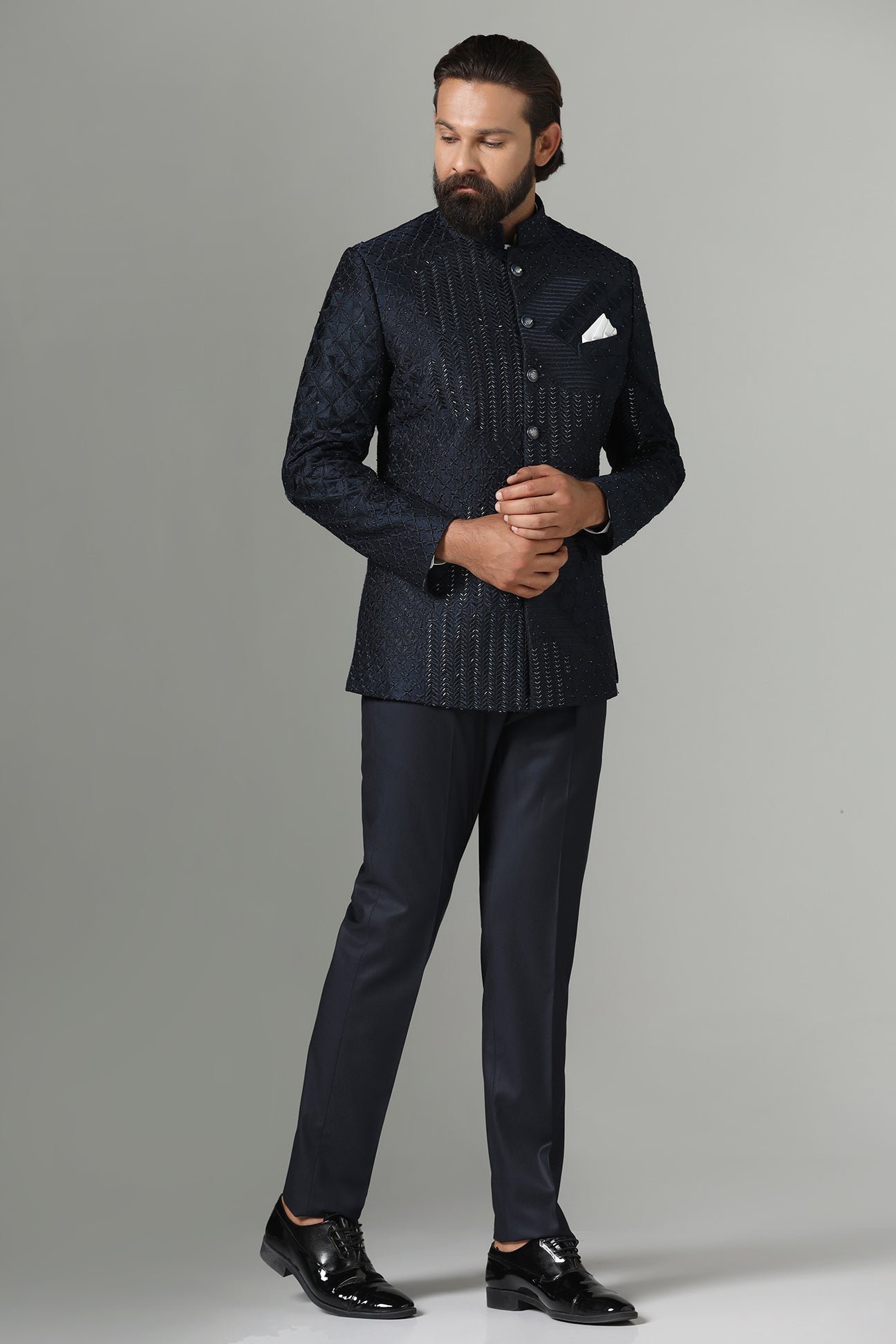 Shop the elegant navy blue Bandhgala suit for a sophisticated look. Shop now!