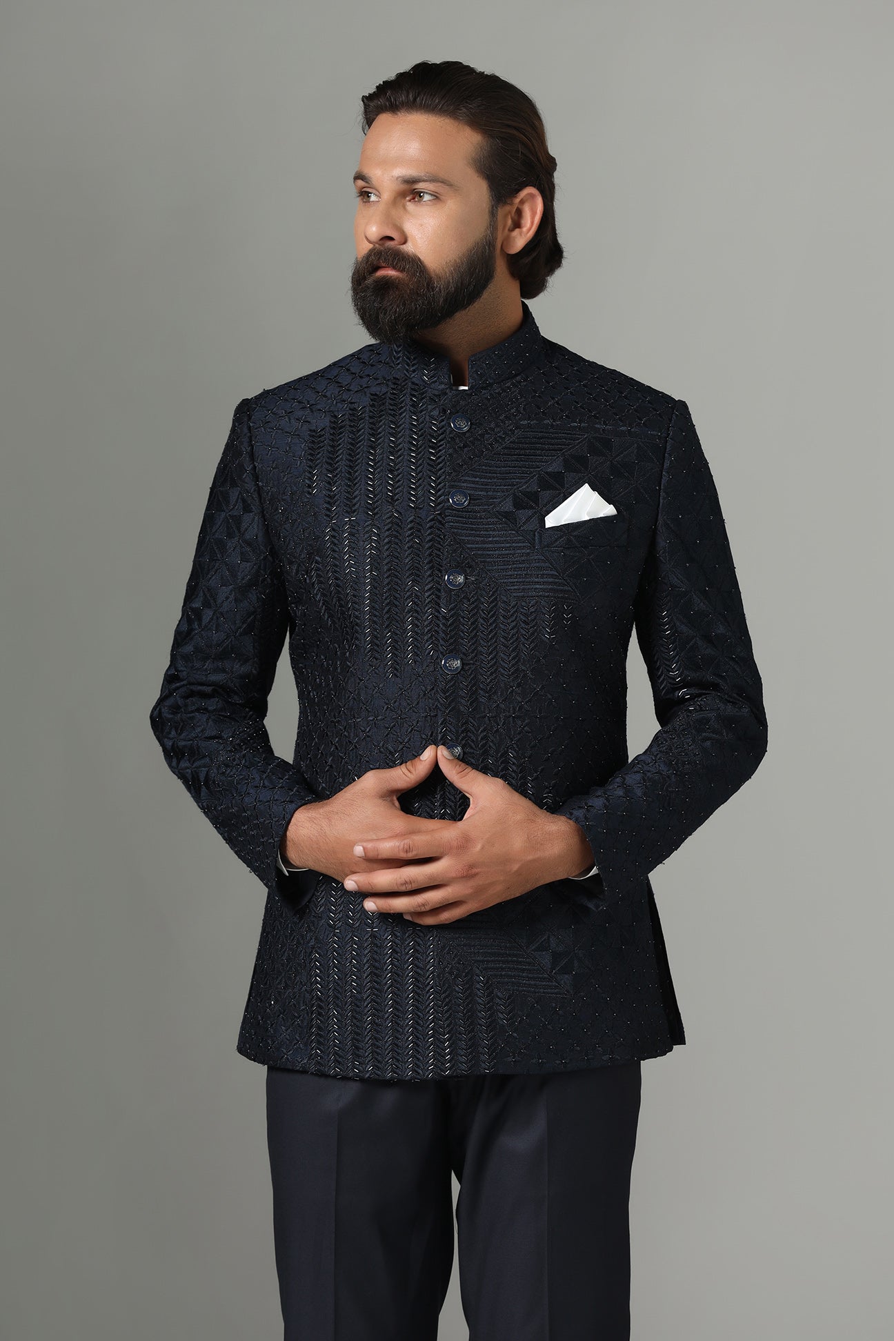 Shop the elegant navy blue Bandhgala suit for a sophisticated look. Shop now!