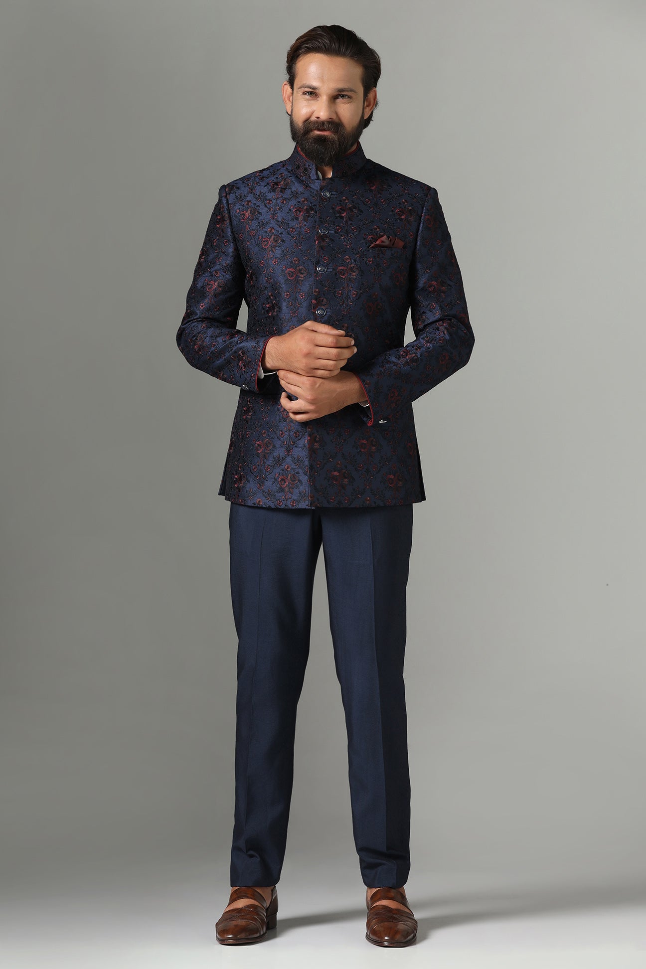 Shop the elegant navy blue Bandhgala suit with exquisite embroidery. Shop now!