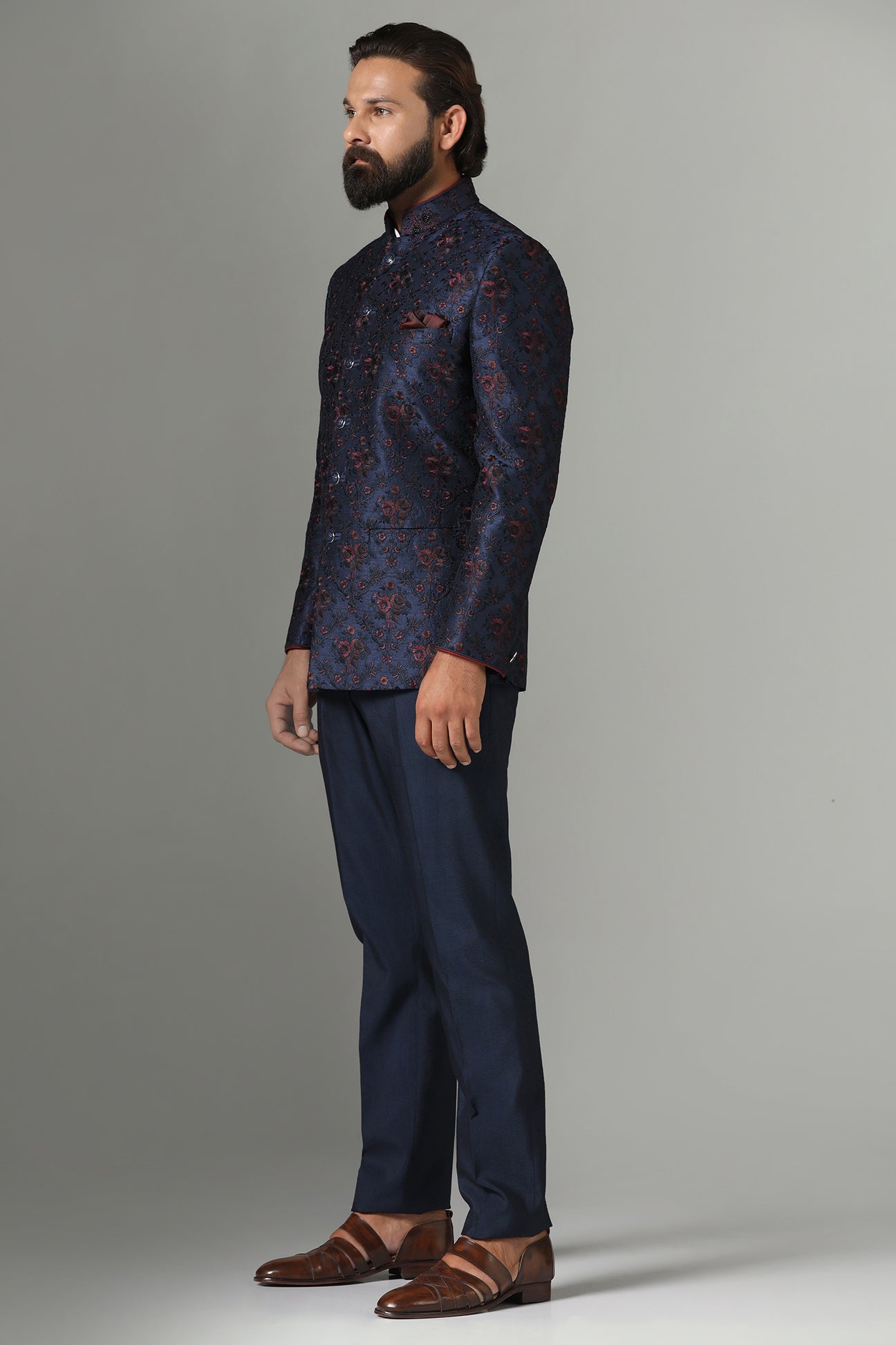 Shop the elegant navy blue Bandhgala suit with exquisite embroidery. Shop now!
