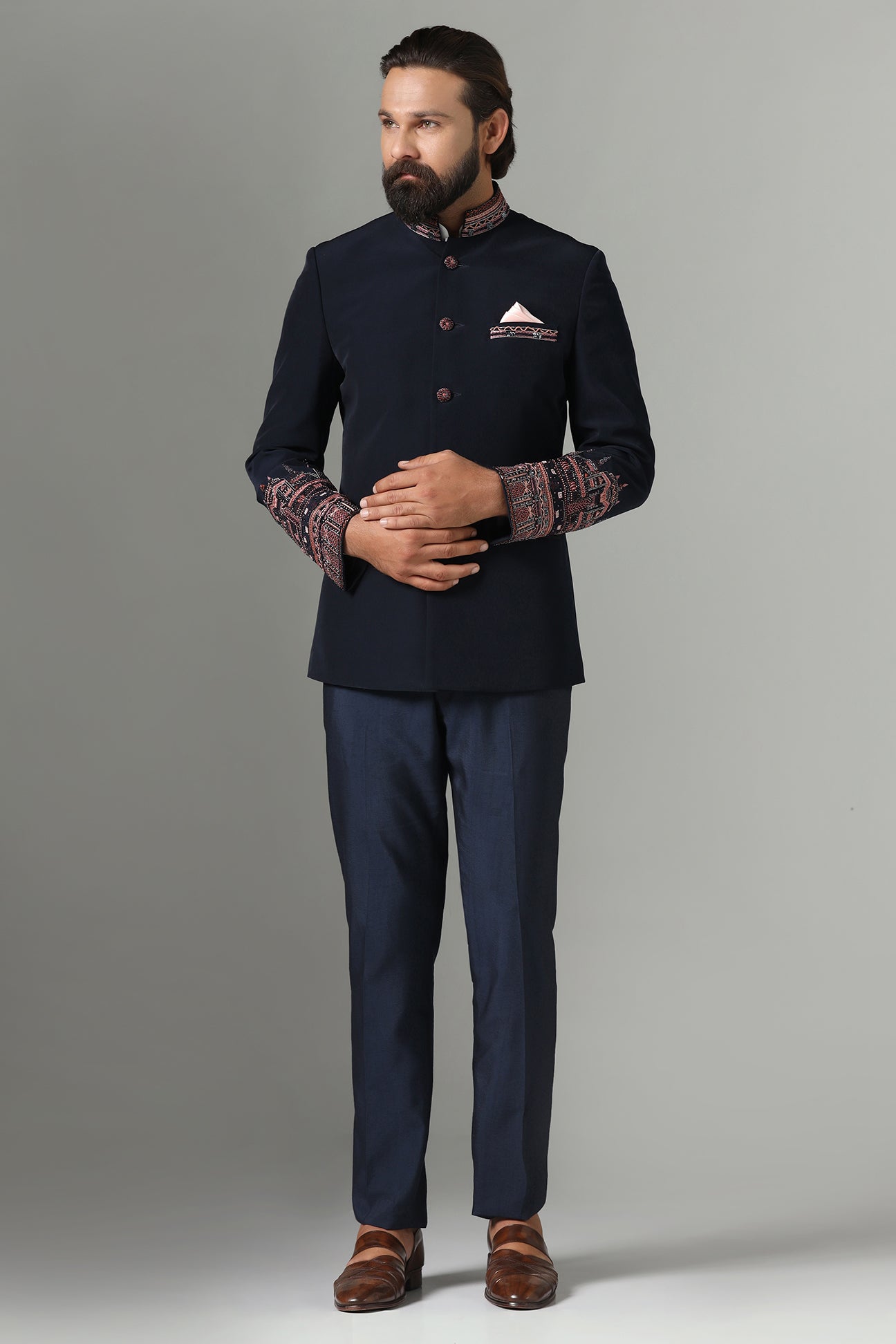 Shop the stylish blue Bandhgala suit in dark blue for a refined, sophisticated look. Shop now!