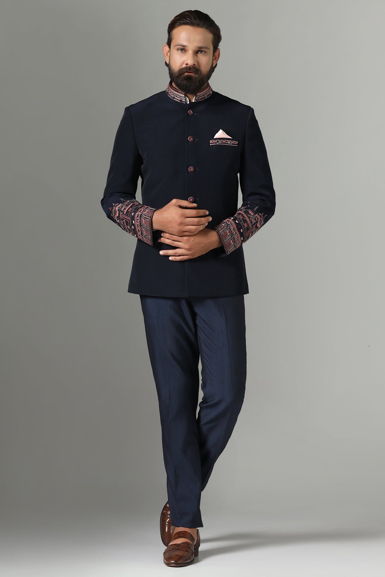 Shop the stylish blue Bandhgala suit in dark blue for a refined, sophisticated look. Shop now!