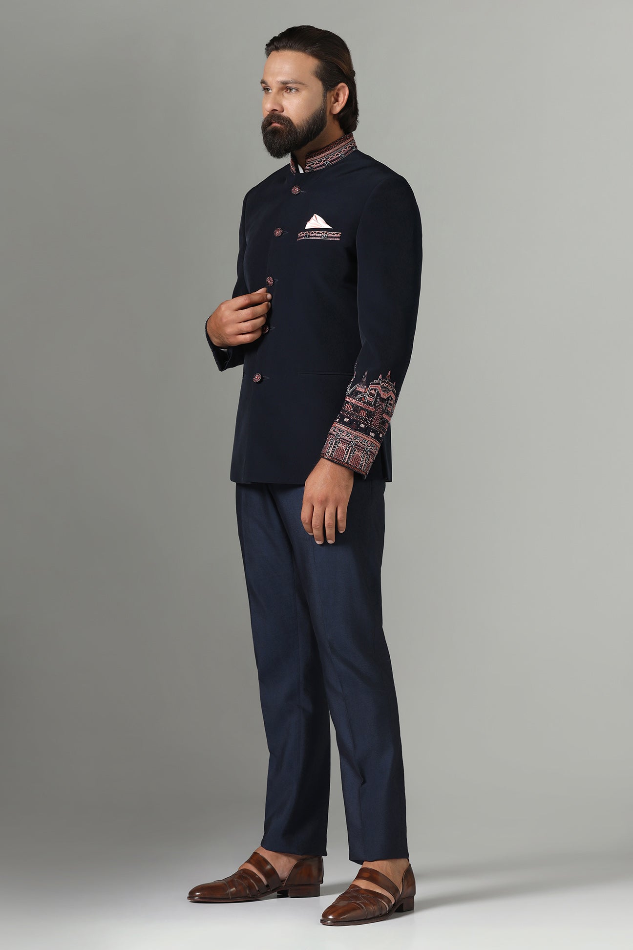 Shop the stylish blue Bandhgala suit in dark blue for a refined, sophisticated look. Shop now!