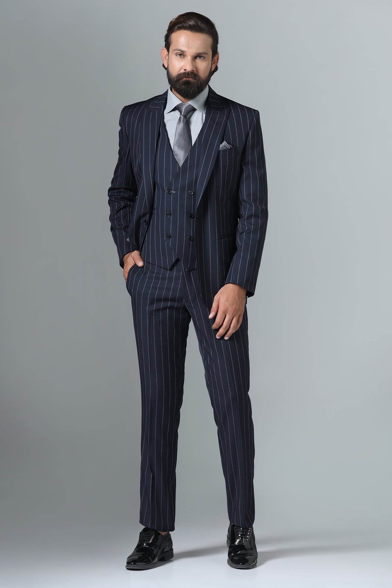 Elevate your formal attire with our Dark Blue Pinstripe Suit. Shop Now!
