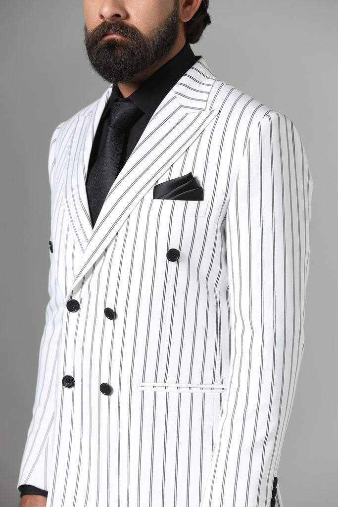 Make a statement in our bold White double-breasted suit. Striking pin-stripe fabric, 2-button closure, peak lapels. Crafted from luxurious wool-rich fabric.