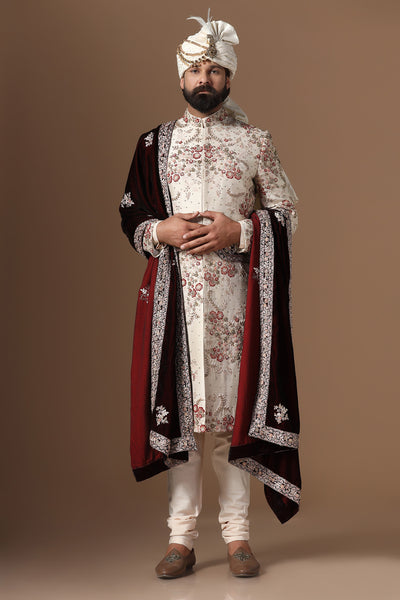 Imprinted Floral Sherwani Beige and Maroon in Color with Shawl