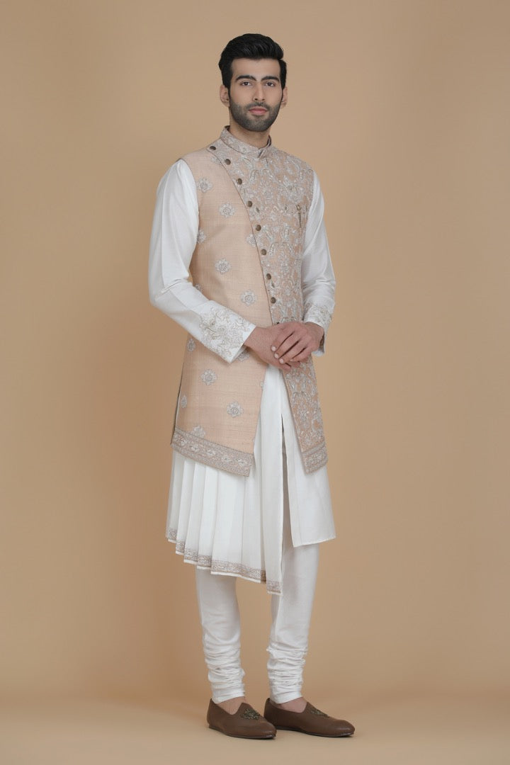 Step into sophistication with our long Nehru jacket featuring paneled embroidery. Shop now!