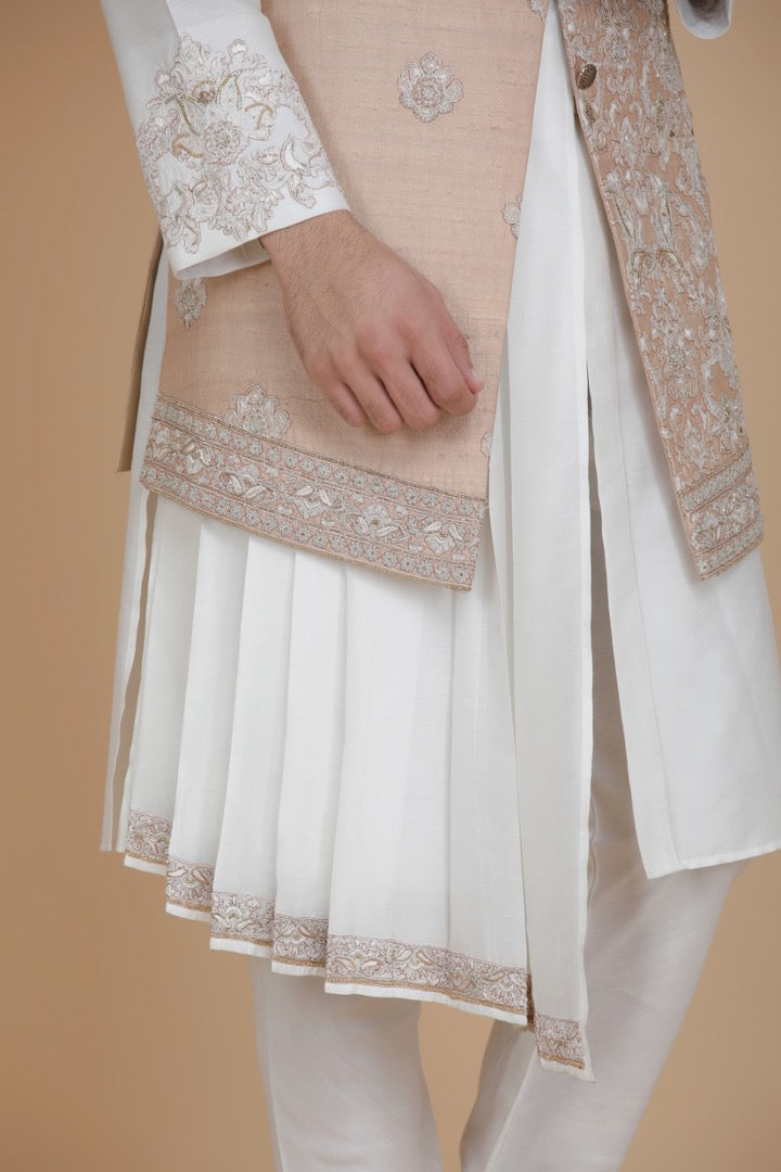 Step into sophistication with our long Nehru jacket featuring paneled embroidery. Shop now!