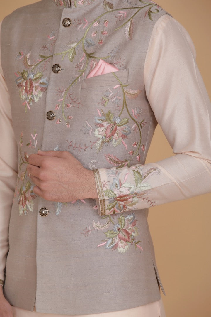Embrace elegance with our Nehru jacket featuring floral embroidery. Shop Now!
