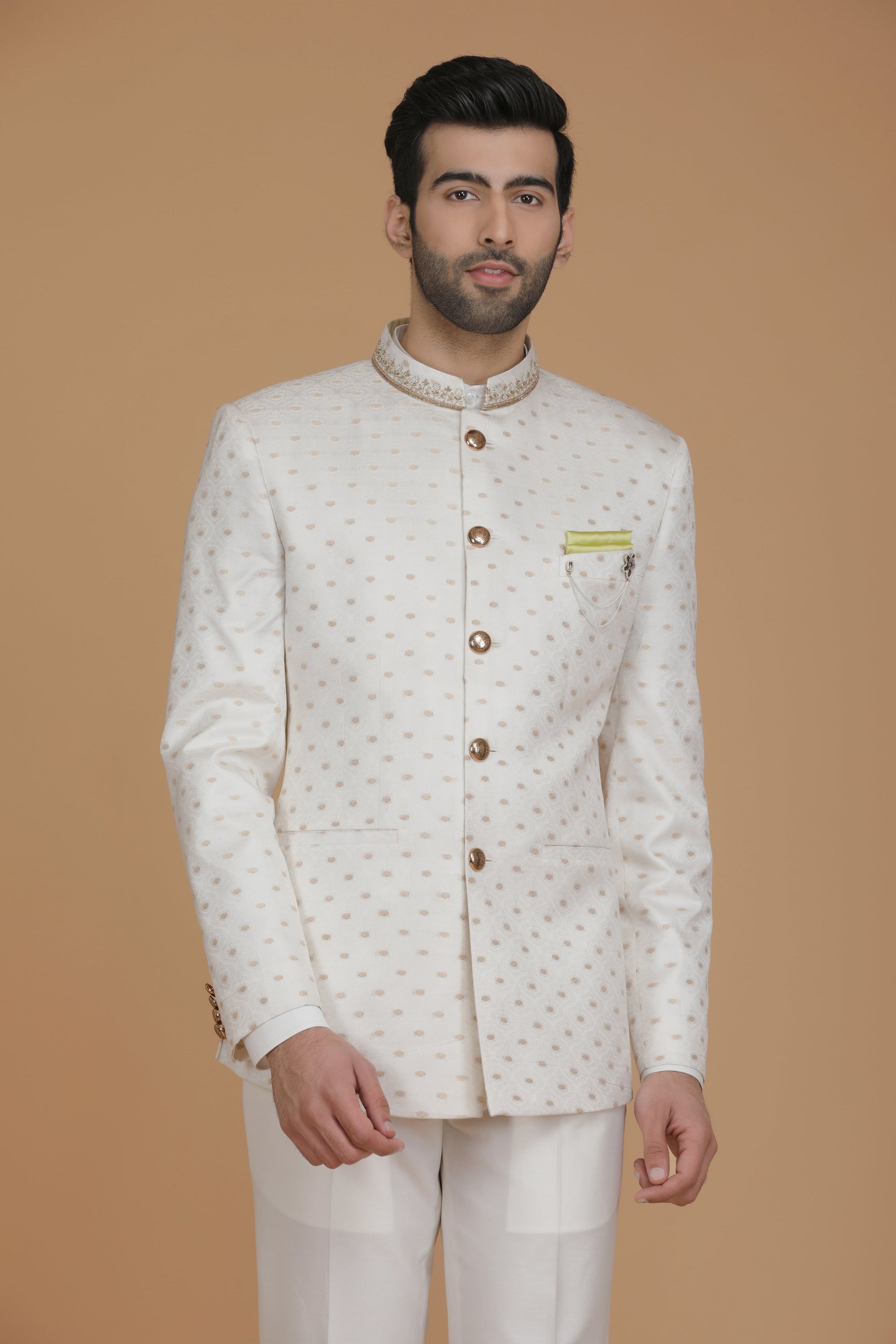 Indulge in luxury with our Tanchoi jacquard silk Bandhgala Suit from Banaras. Shop Now!