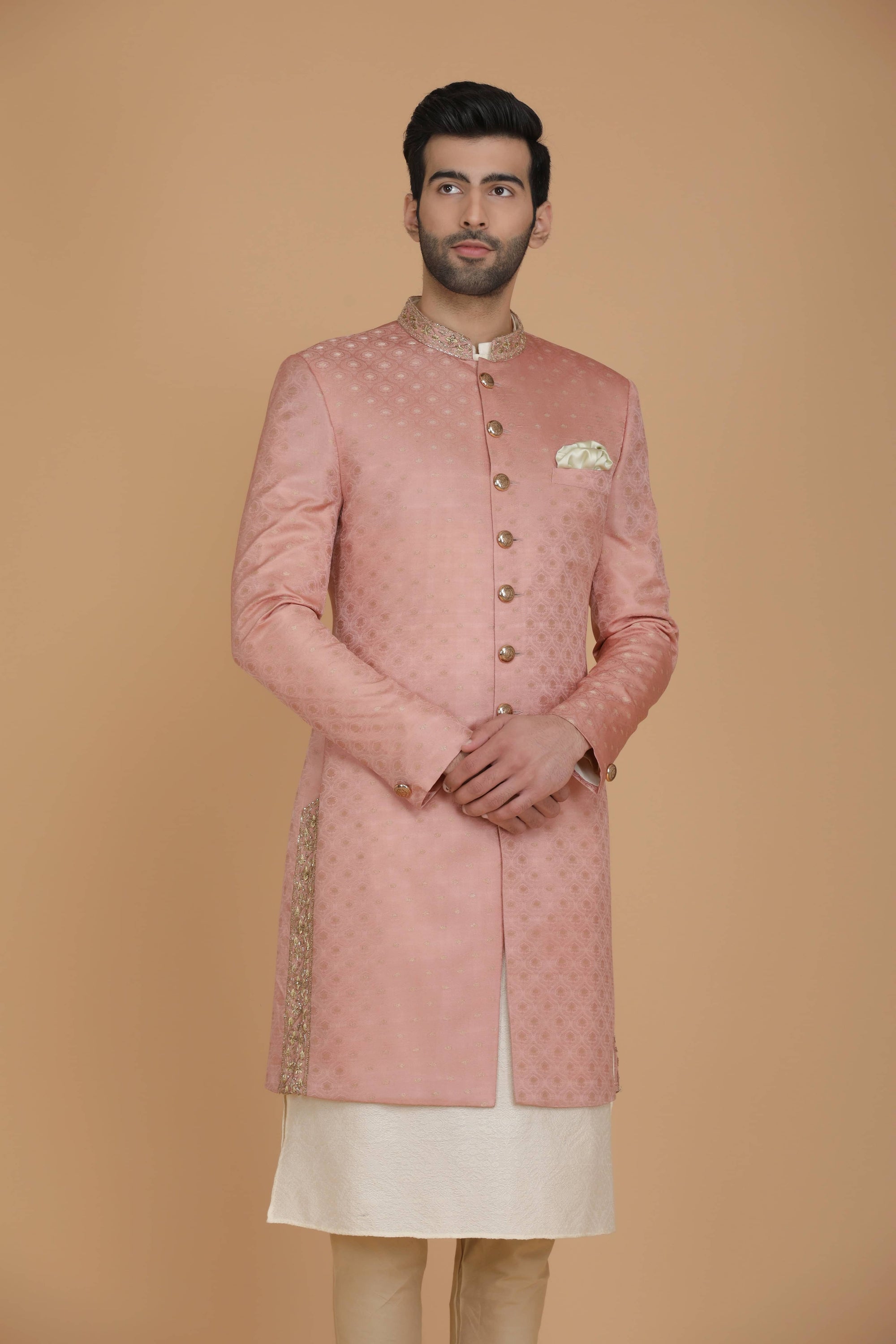 This Indo-western is made using Tanchoi jacquard silk sourced from Banaras. Shop Now!