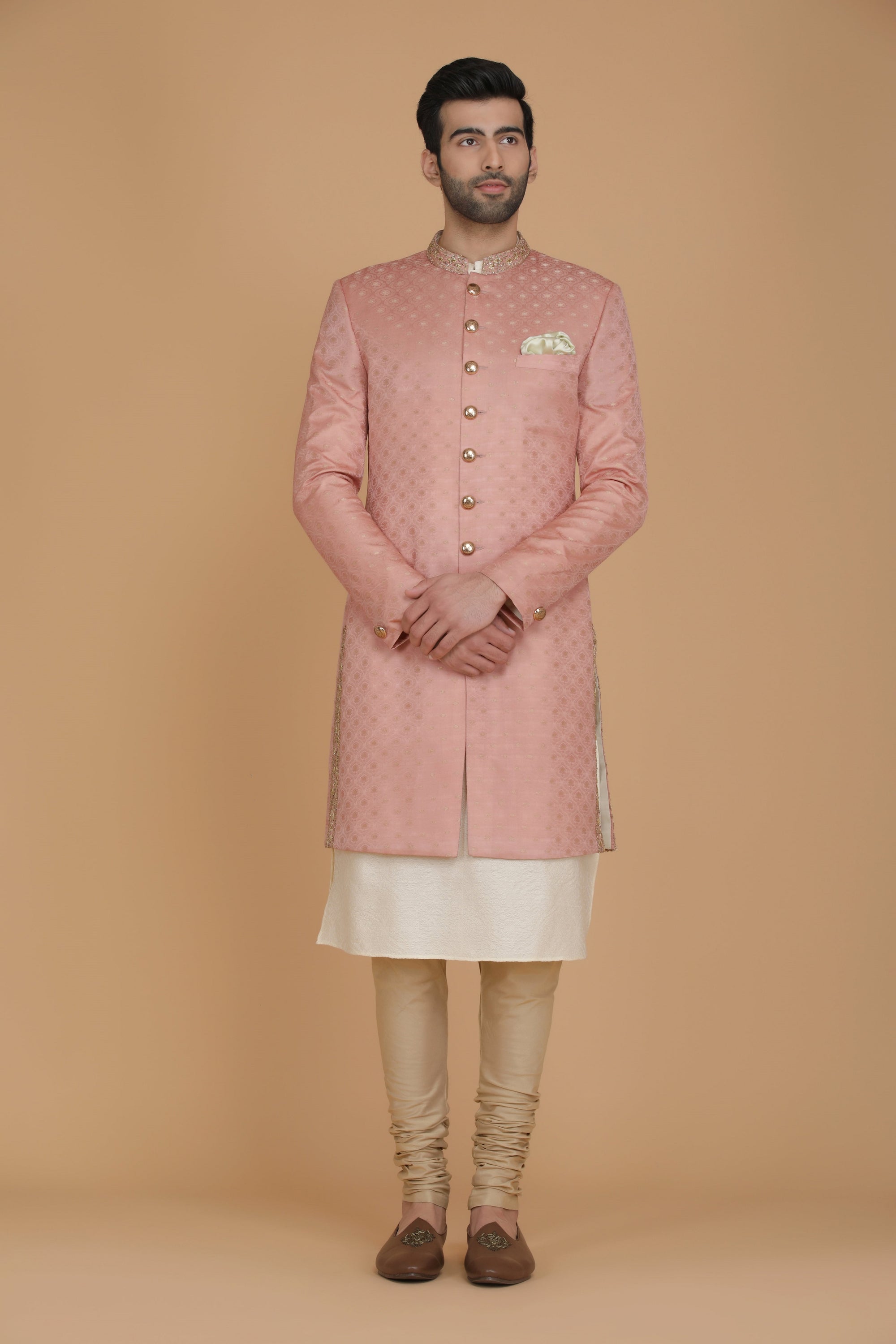 This Indo-western is made using Tanchoi jacquard silk sourced from Banaras. Shop Now!
