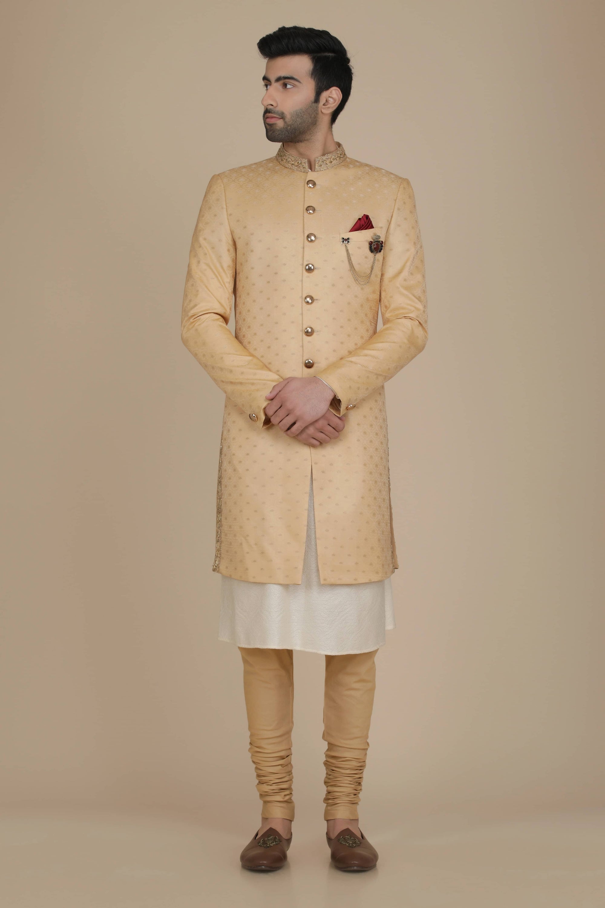 This Indo-western is made using Tanchoi jacquard silk sourced from Banaras. Shop Now!