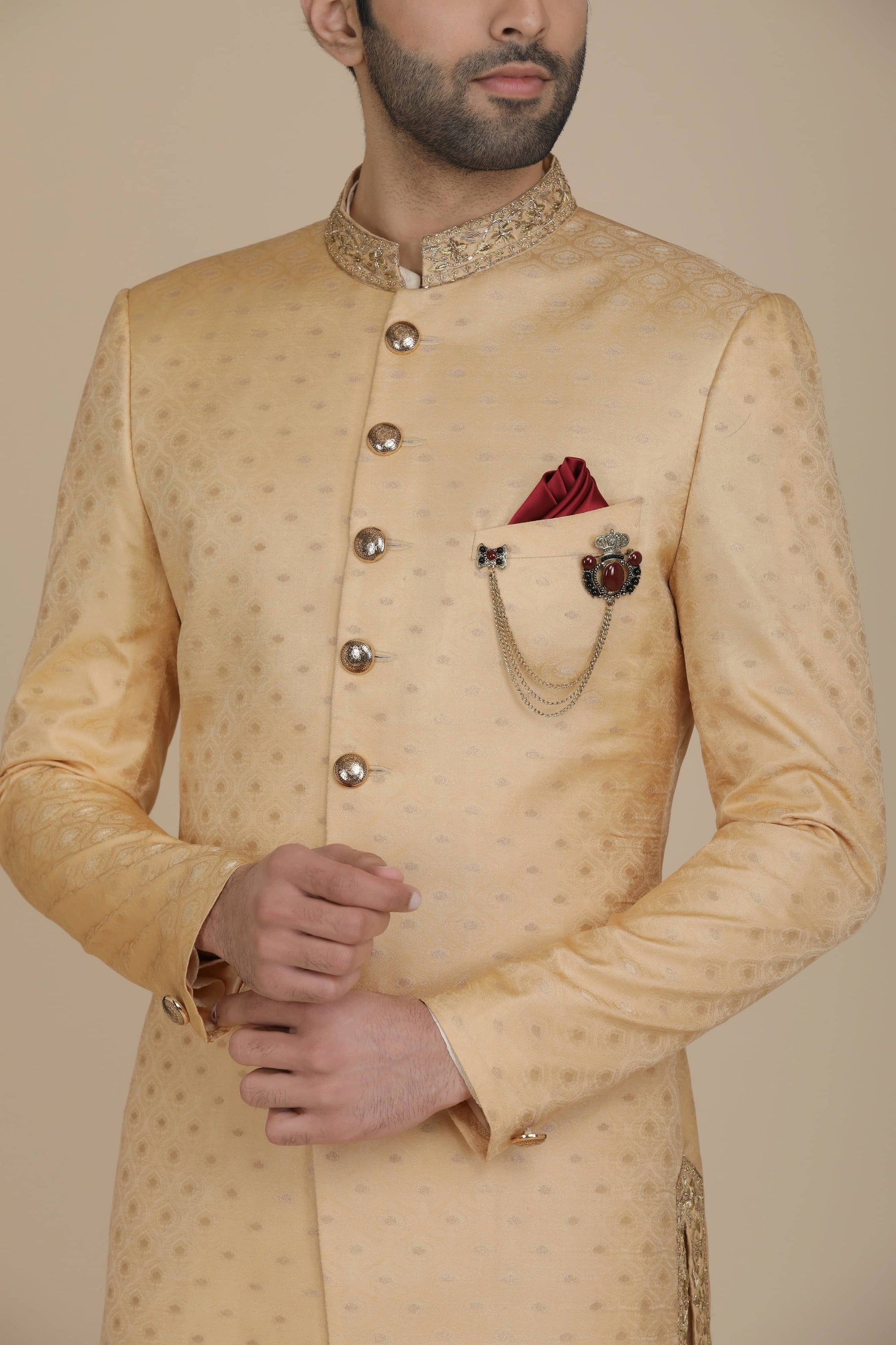 This Indo-western is made using Tanchoi jacquard silk sourced from Banaras. Shop Now!
