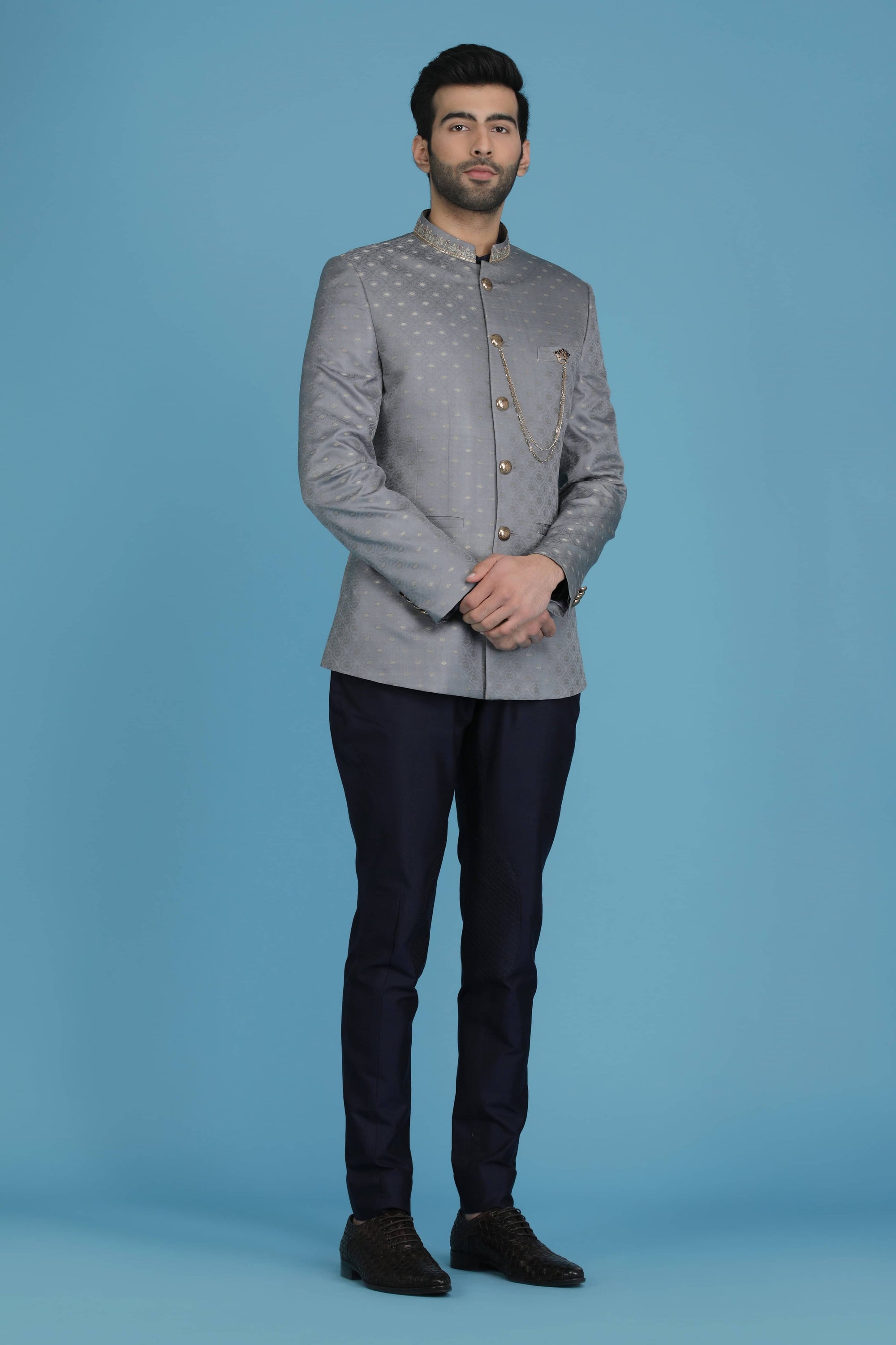 Experience luxury in our Tanchoi jacquard silk Bandhgala Suit from Banaras. Shop Now!