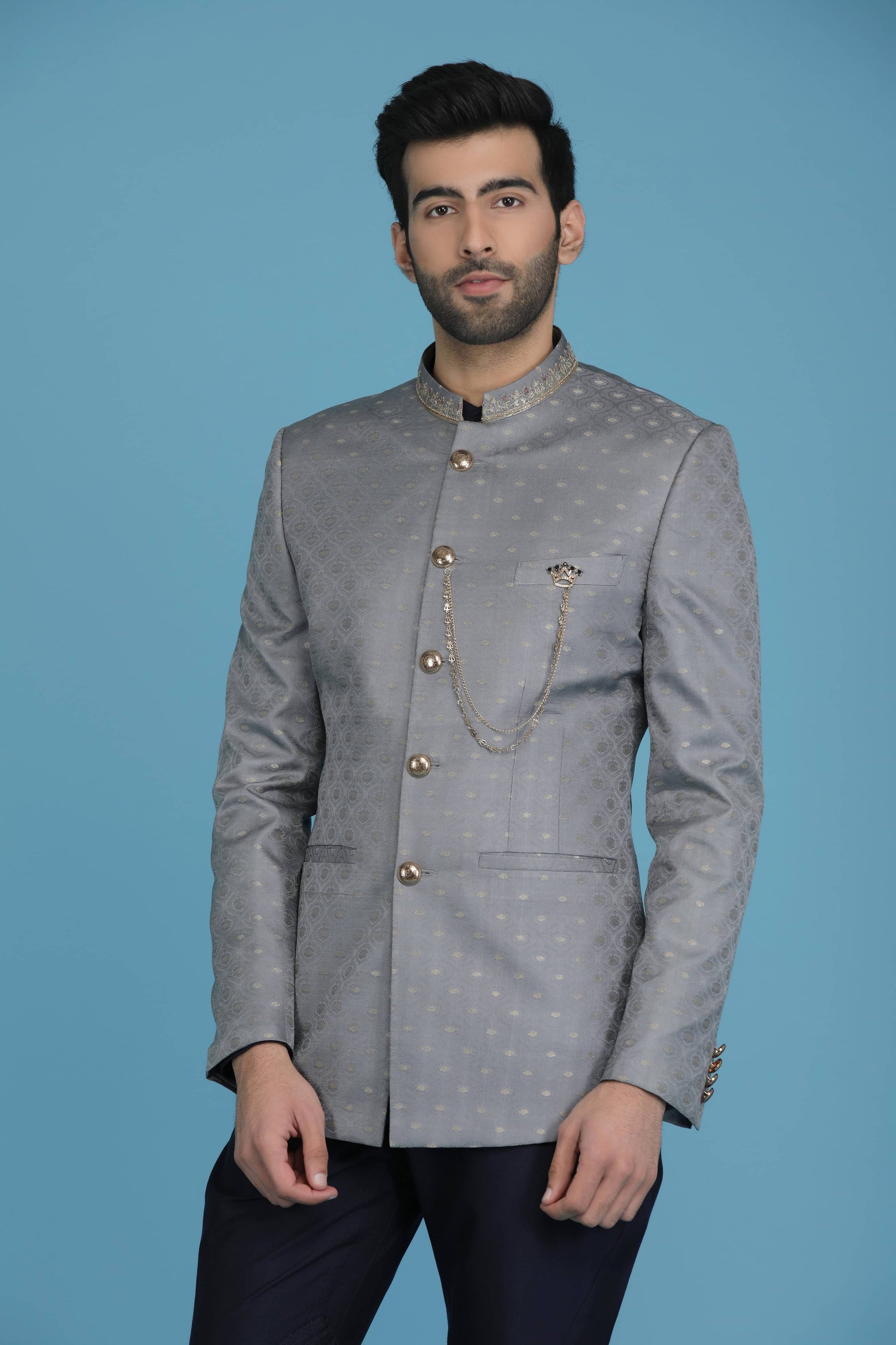 Experience luxury in our Tanchoi jacquard silk Bandhgala Suit from Banaras. Shop Now!