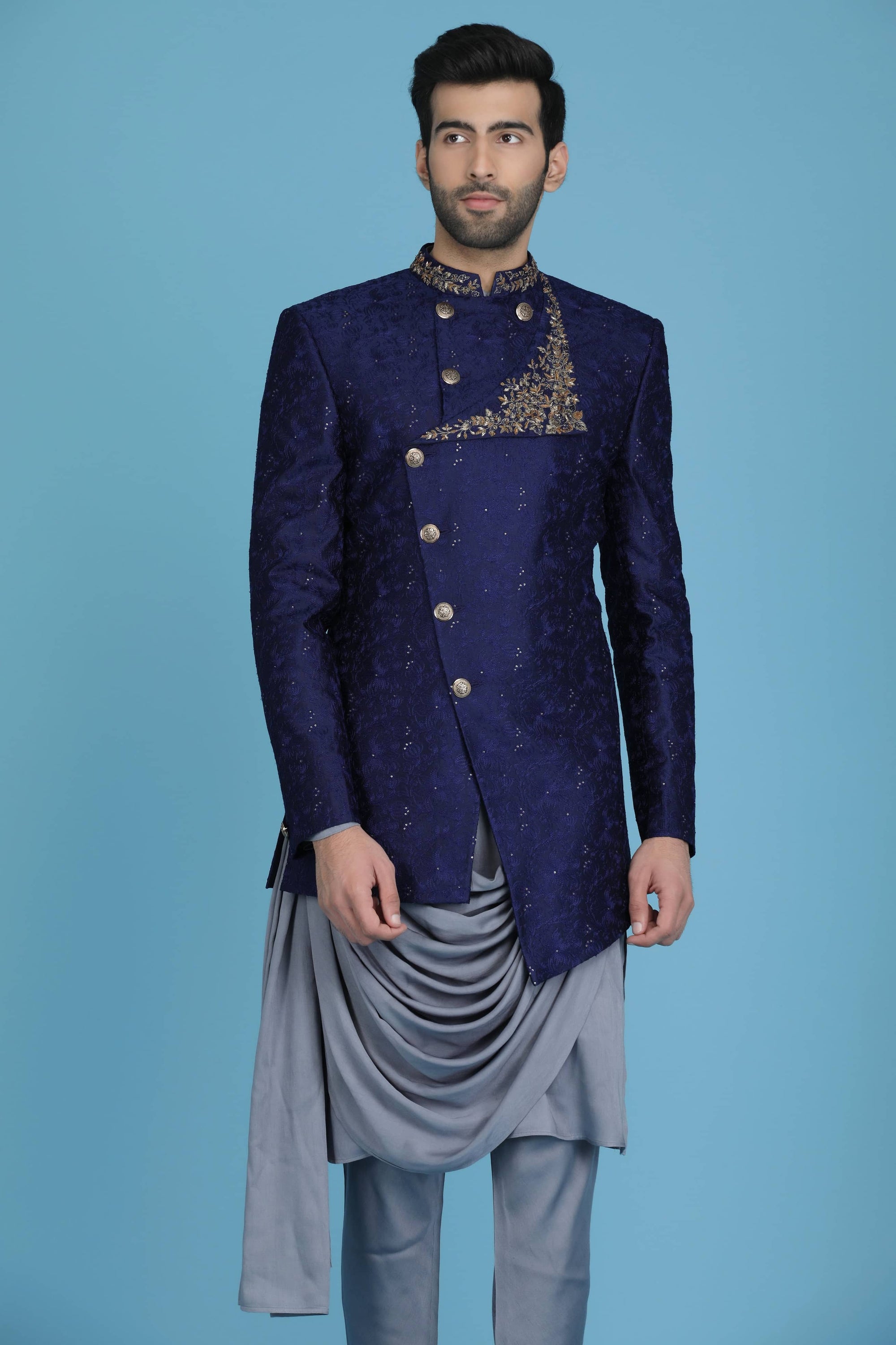 Drape yourself in elegance with our embroidered monga silk Bandhgala. Shop Now!