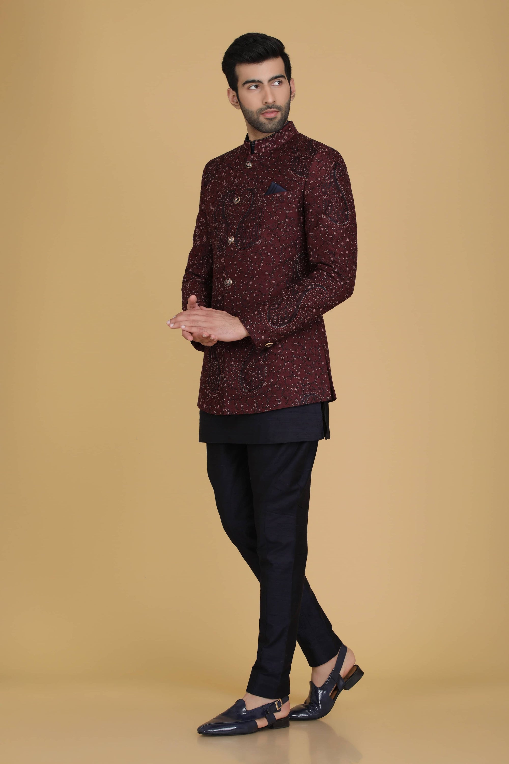 Elevate your style with our Maroon Bandhgala suit, adorned with delicate embroidery. Shop Now!