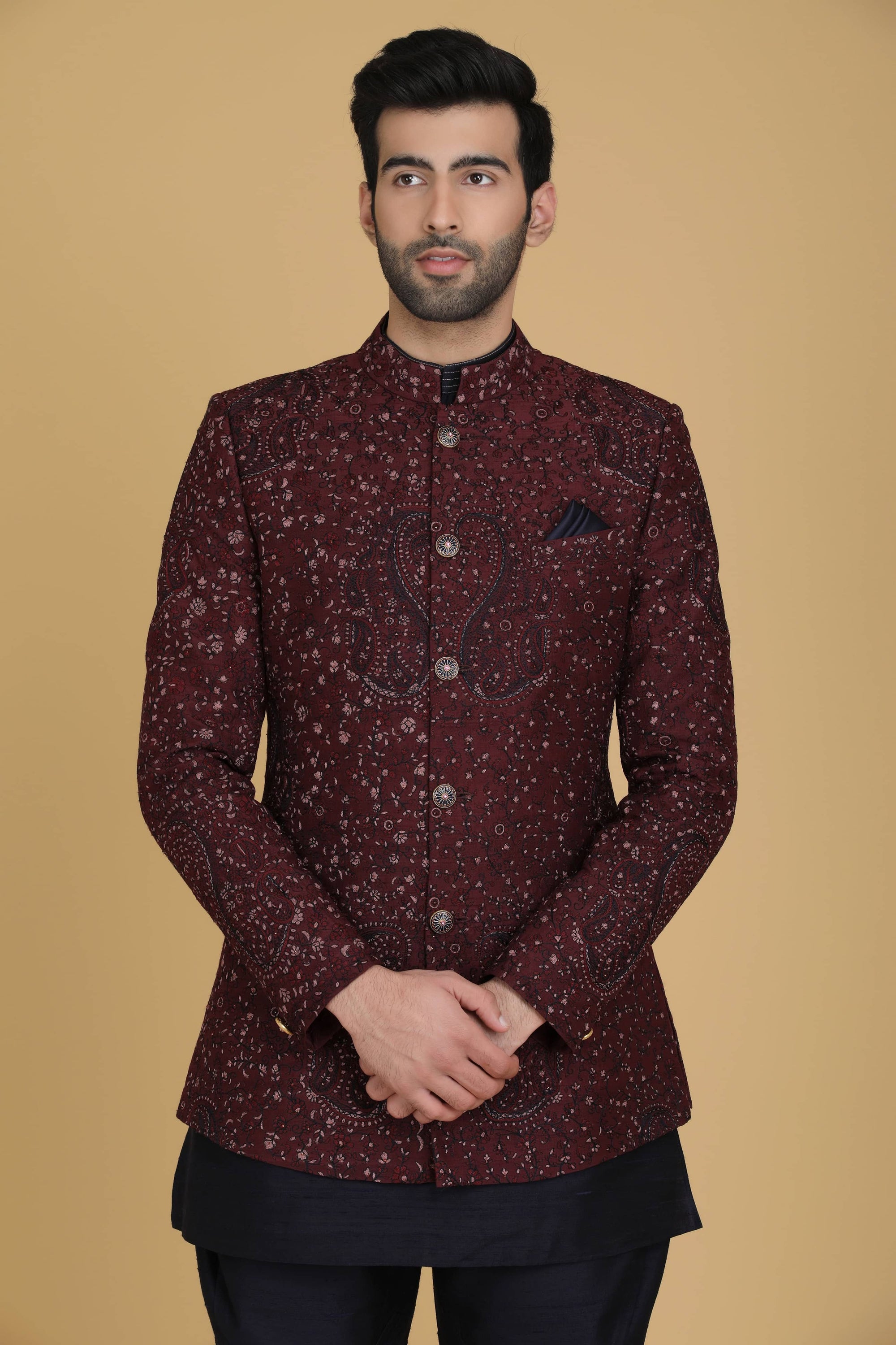 Elevate your style with our Maroon Bandhgala suit, adorned with delicate embroidery. Shop Now!