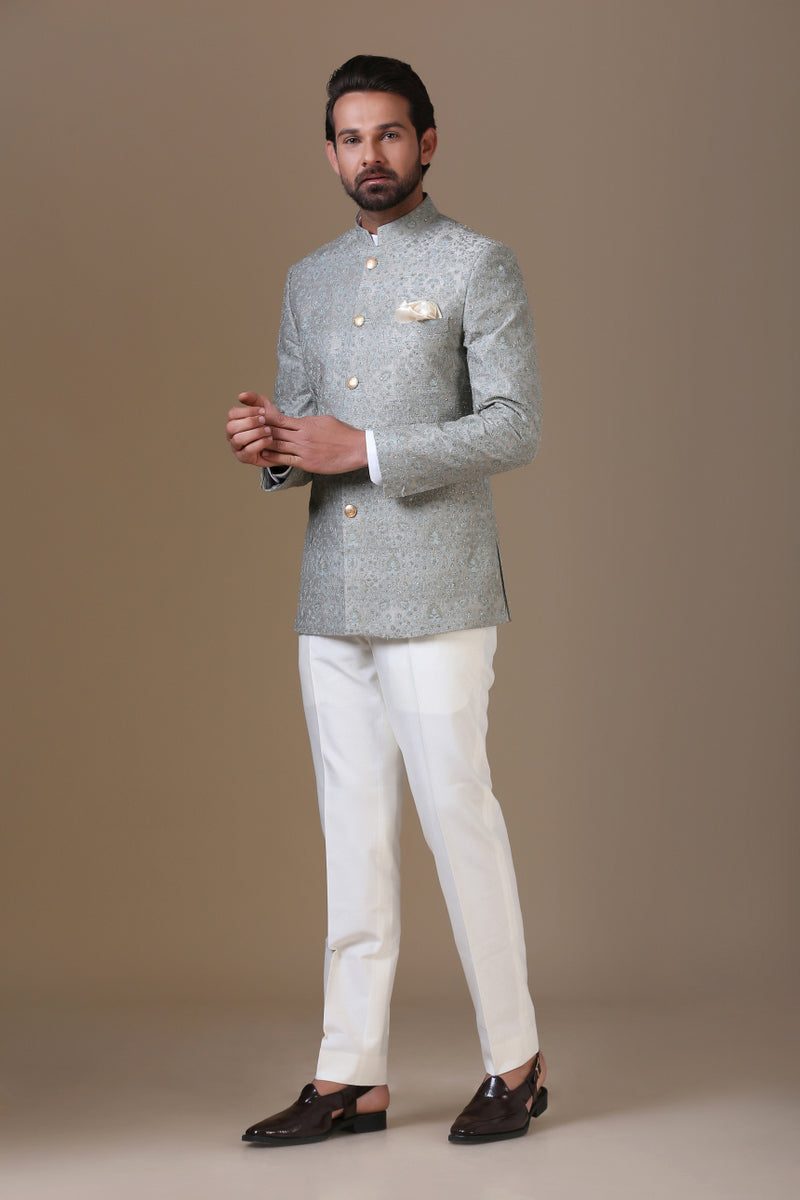 Embrace sophistication with the Green Embroidered Bandhgala Suit. Shop Now!