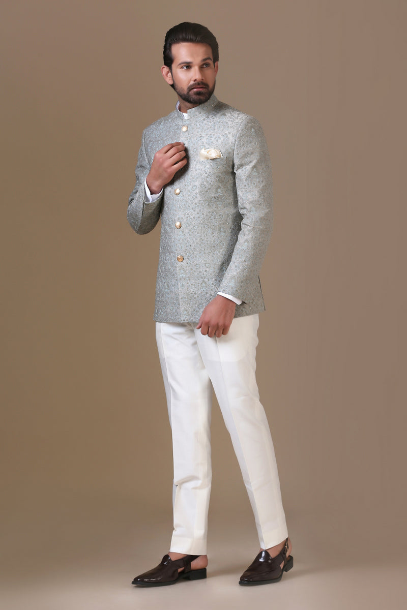 Embrace sophistication with the Green Embroidered Bandhgala Suit. Shop Now!