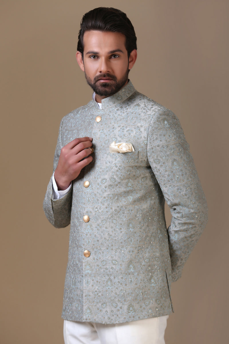 Embrace sophistication with the Green Embroidered Bandhgala Suit. Shop Now!