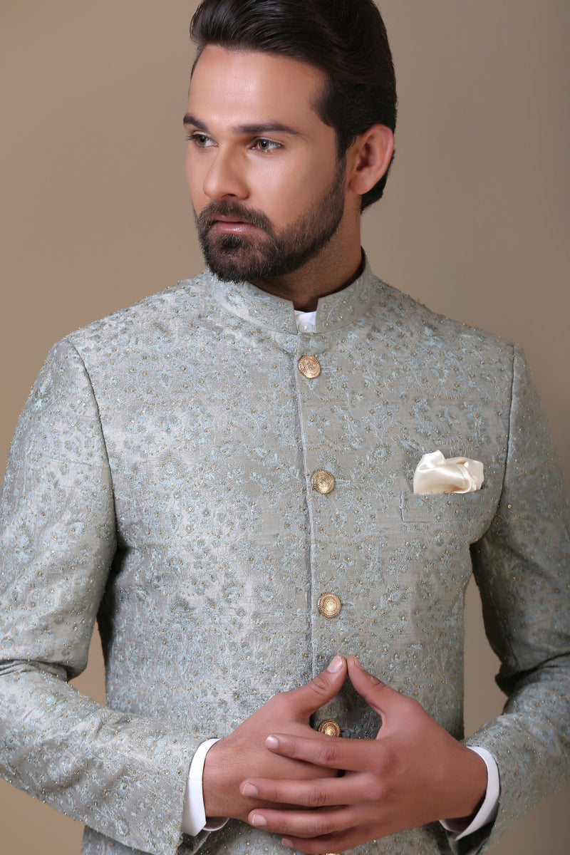 Embrace sophistication with the Green Embroidered Bandhgala Suit. Shop Now!