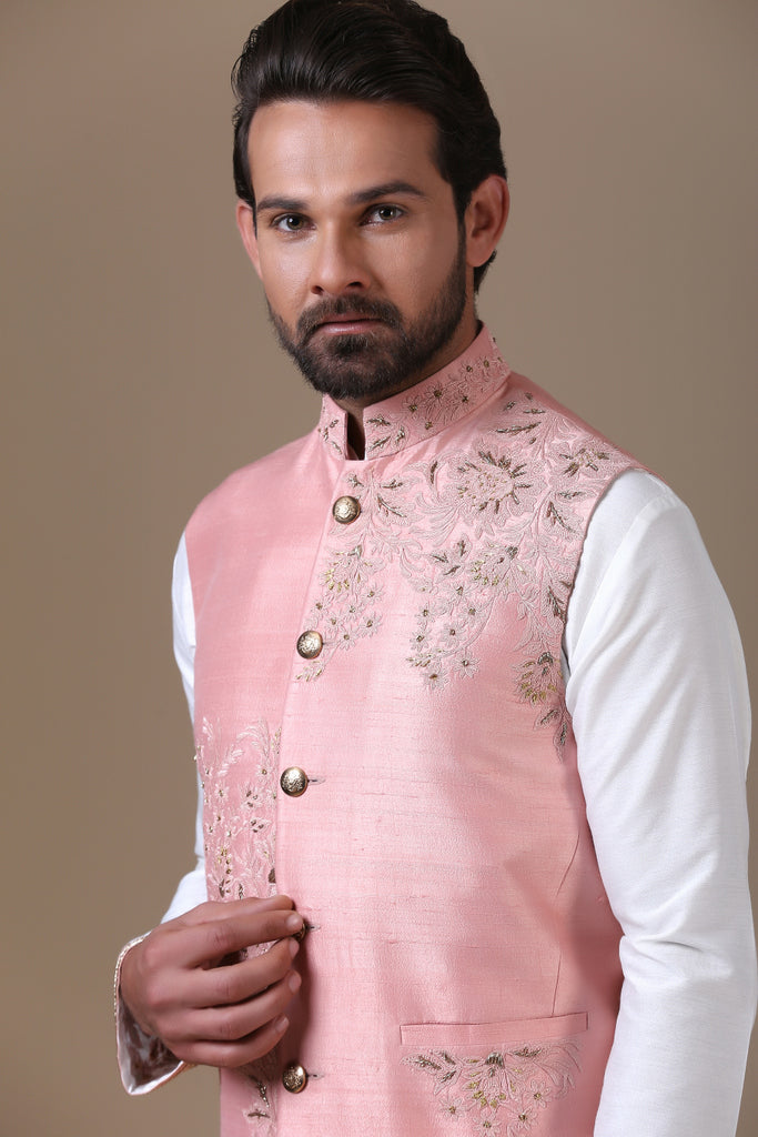 Elevate your style with our Raw Silk Nehru Coat paired with Cotton Trousers. Shop Now!