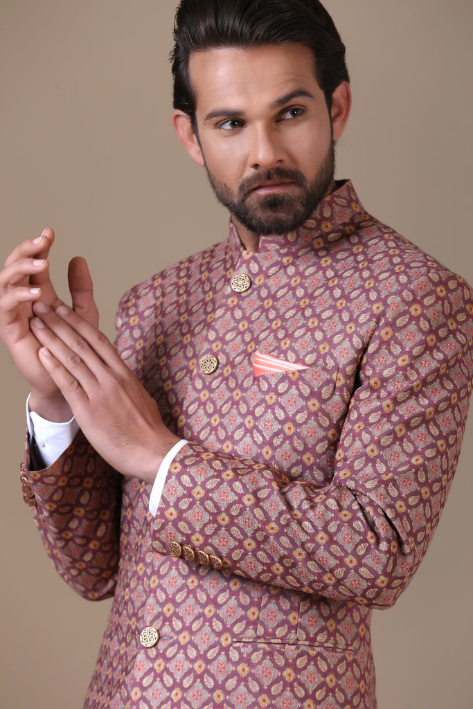 Elevate your look with the maroon embroidered bandhgala suit. Shop Now!