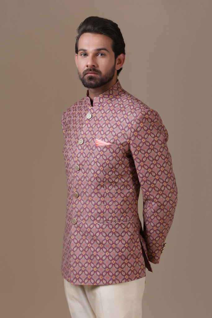 Elevate your look with the maroon embroidered bandhgala suit. Shop Now!