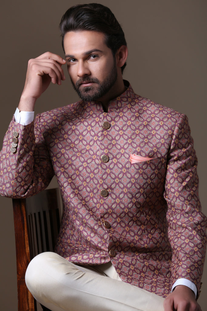Elevate your look with the maroon embroidered bandhgala suit. Shop Now!