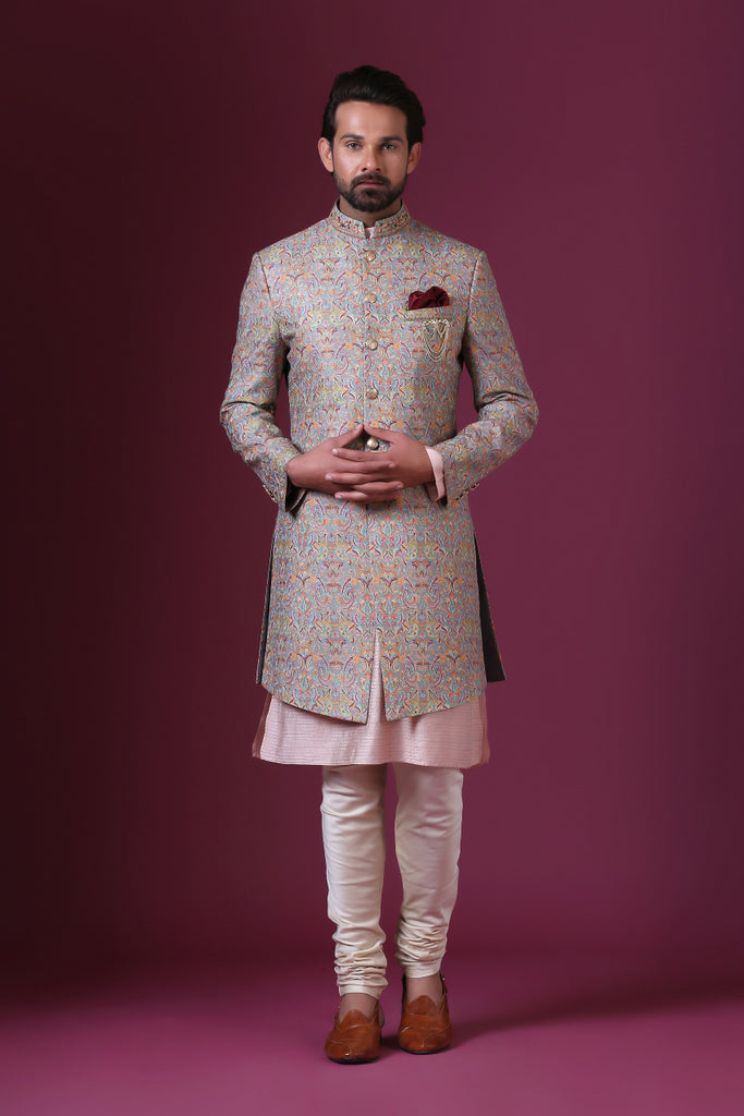 Light grey classic Indo-western with delicate multicolour embroidery. Shop Now!
