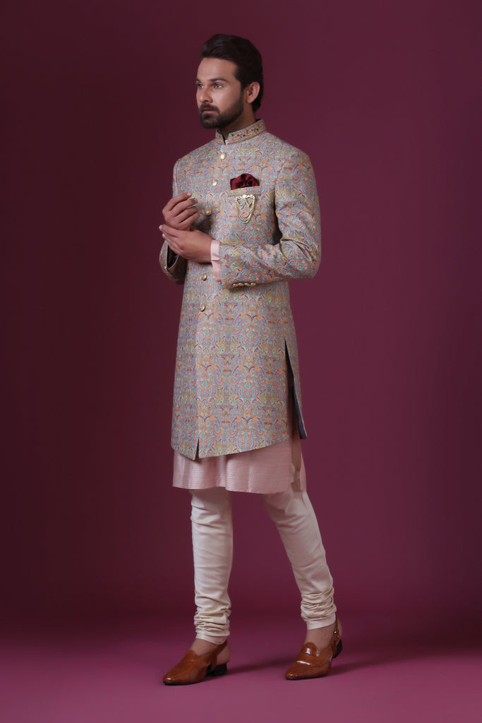 Light grey classic Indo-western with delicate multicolour embroidery. Shop Now!