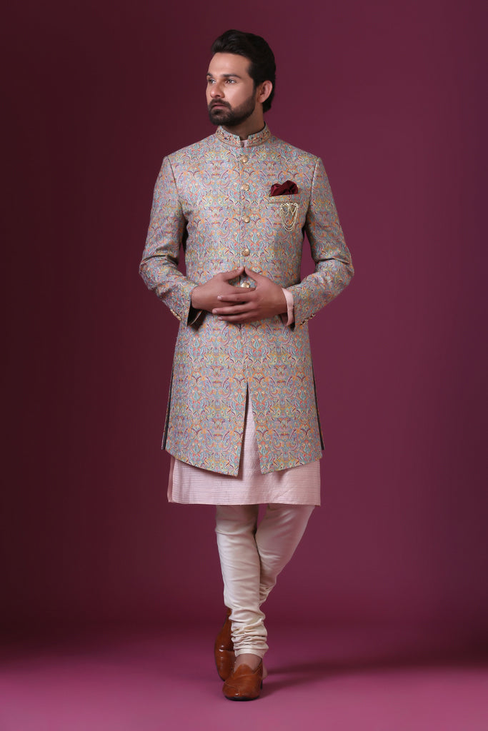 Light grey classic Indo-western with delicate multicolour embroidery. Shop Now!