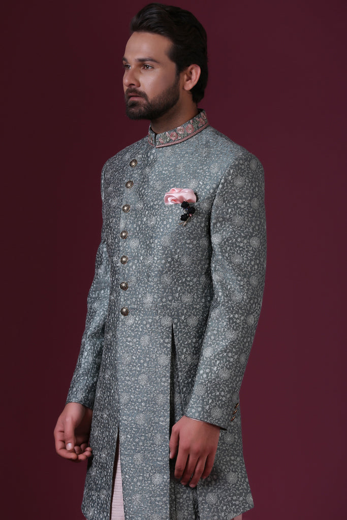 Light Green embroidered Indo-Western with a modern, asymmetric cut. Shop Now!